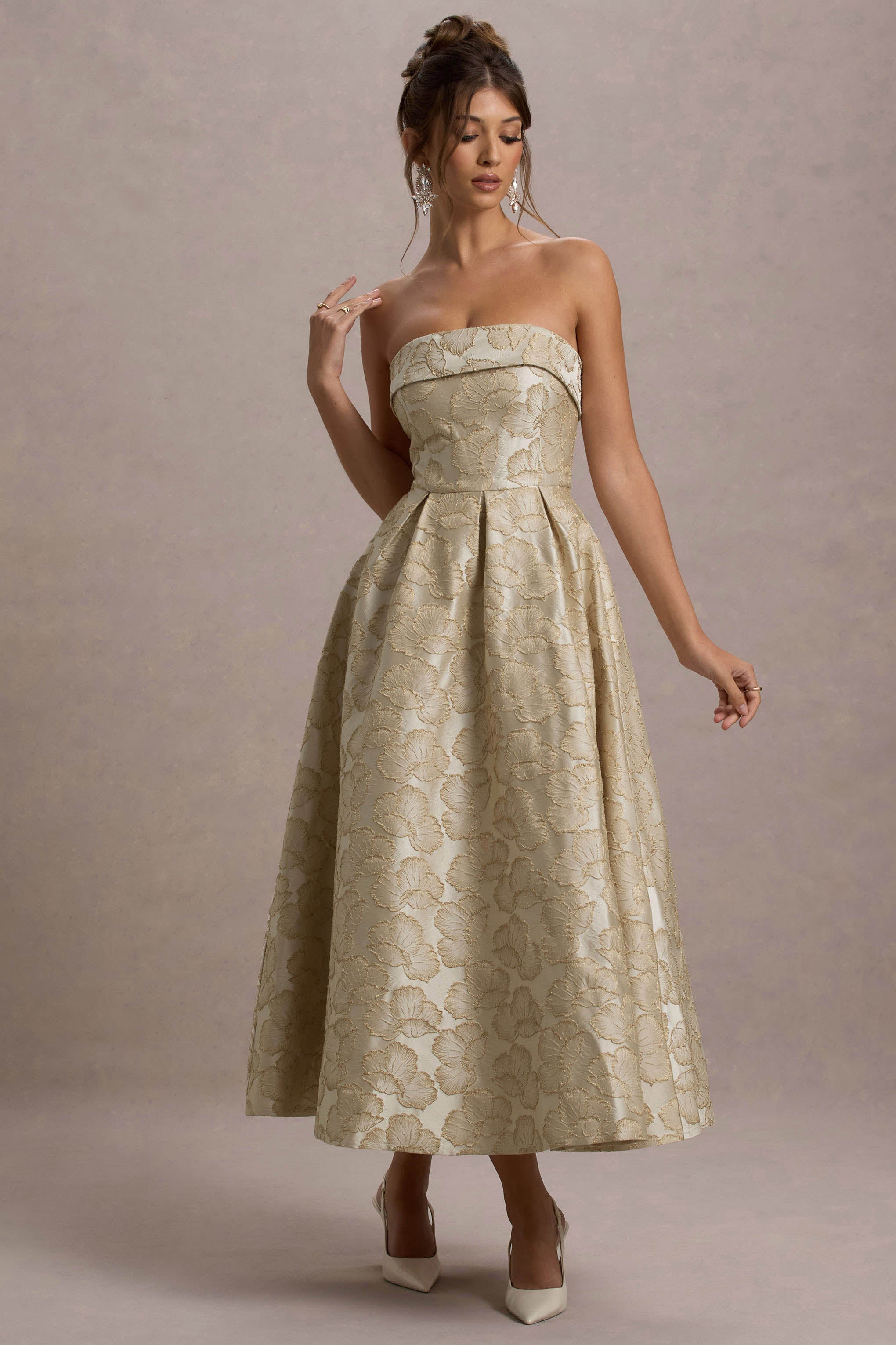 Zuma Gold Metallic Jacquard Strapless Midi Dress