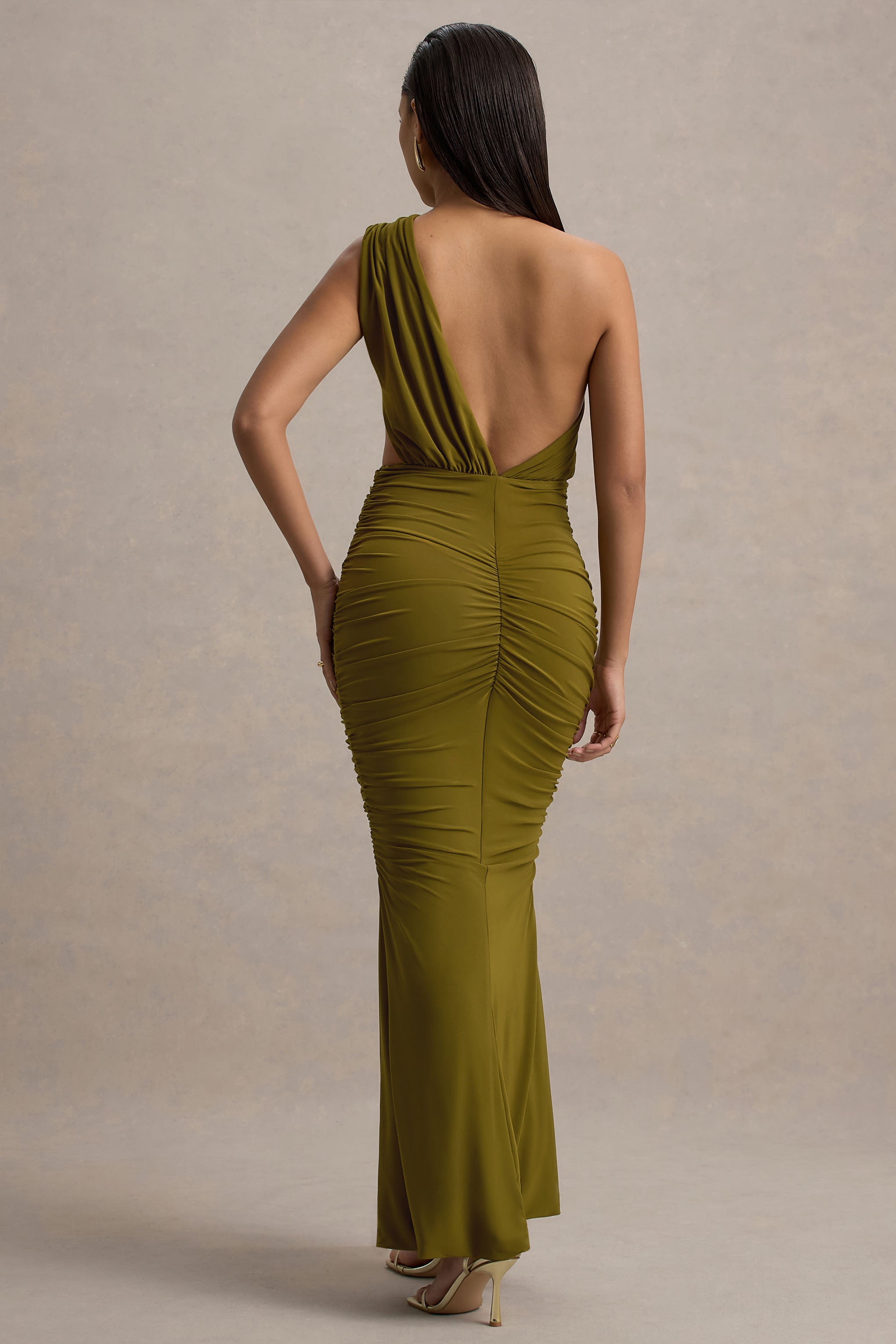 Beline Green One-Shoulder Cut-Out Maxi Dress With Drape