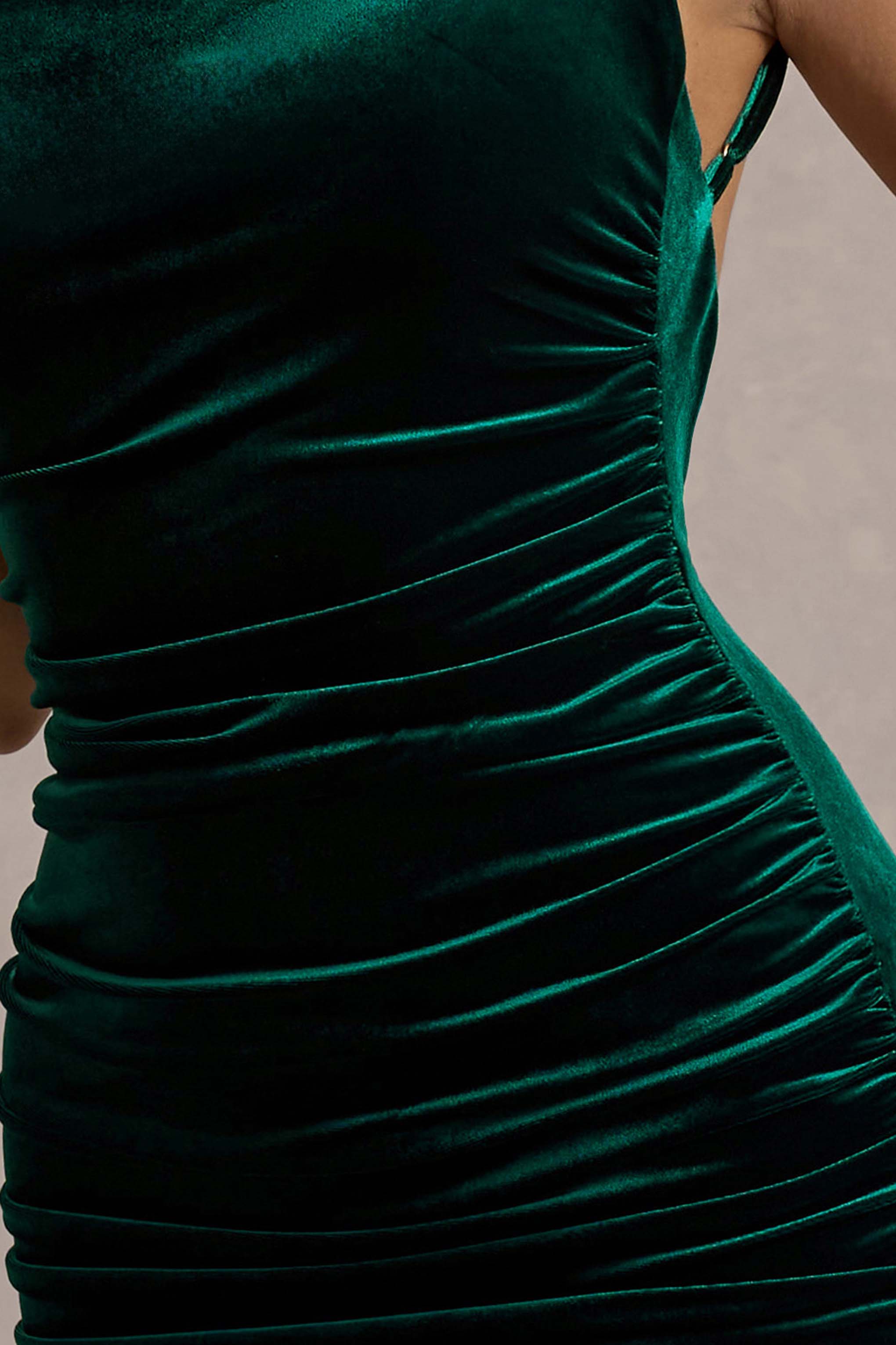 Adele Bottle Green Velvet Ruched Strappy Fishtail Maxi Dress