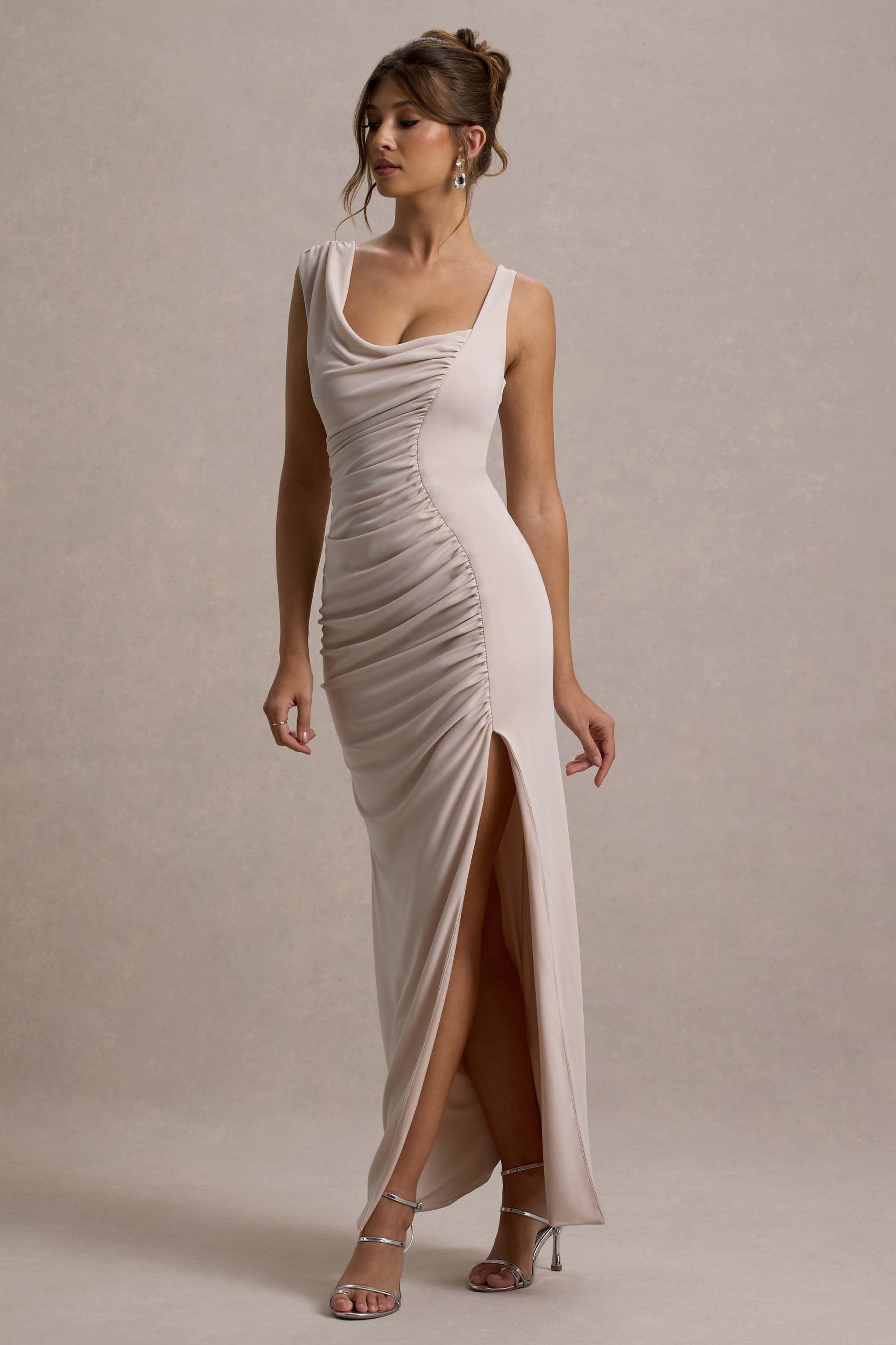 Analissa Champagne Asymmetric Draped Maxi Dress With Split