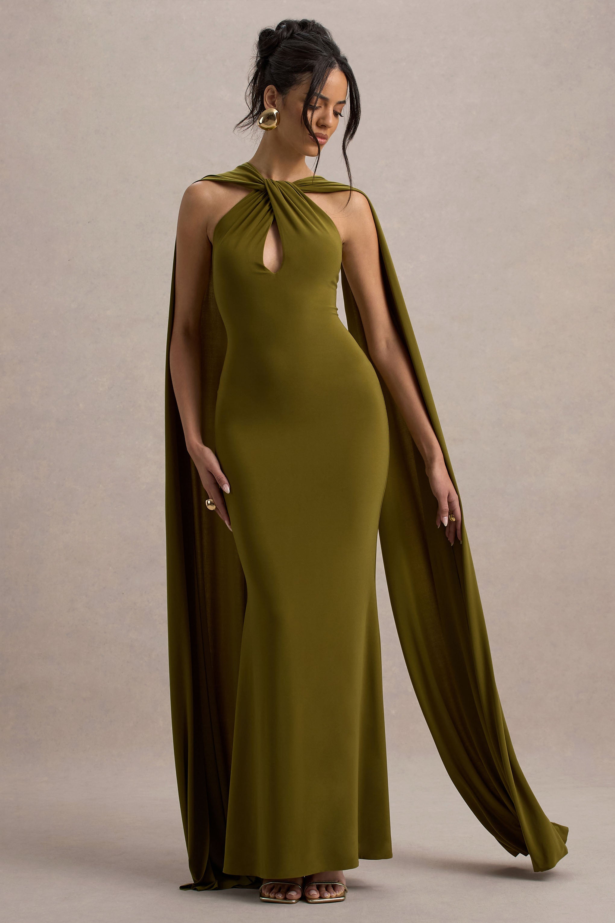 Rhoda Green Twist Halter-Neck Cape Maxi Dress