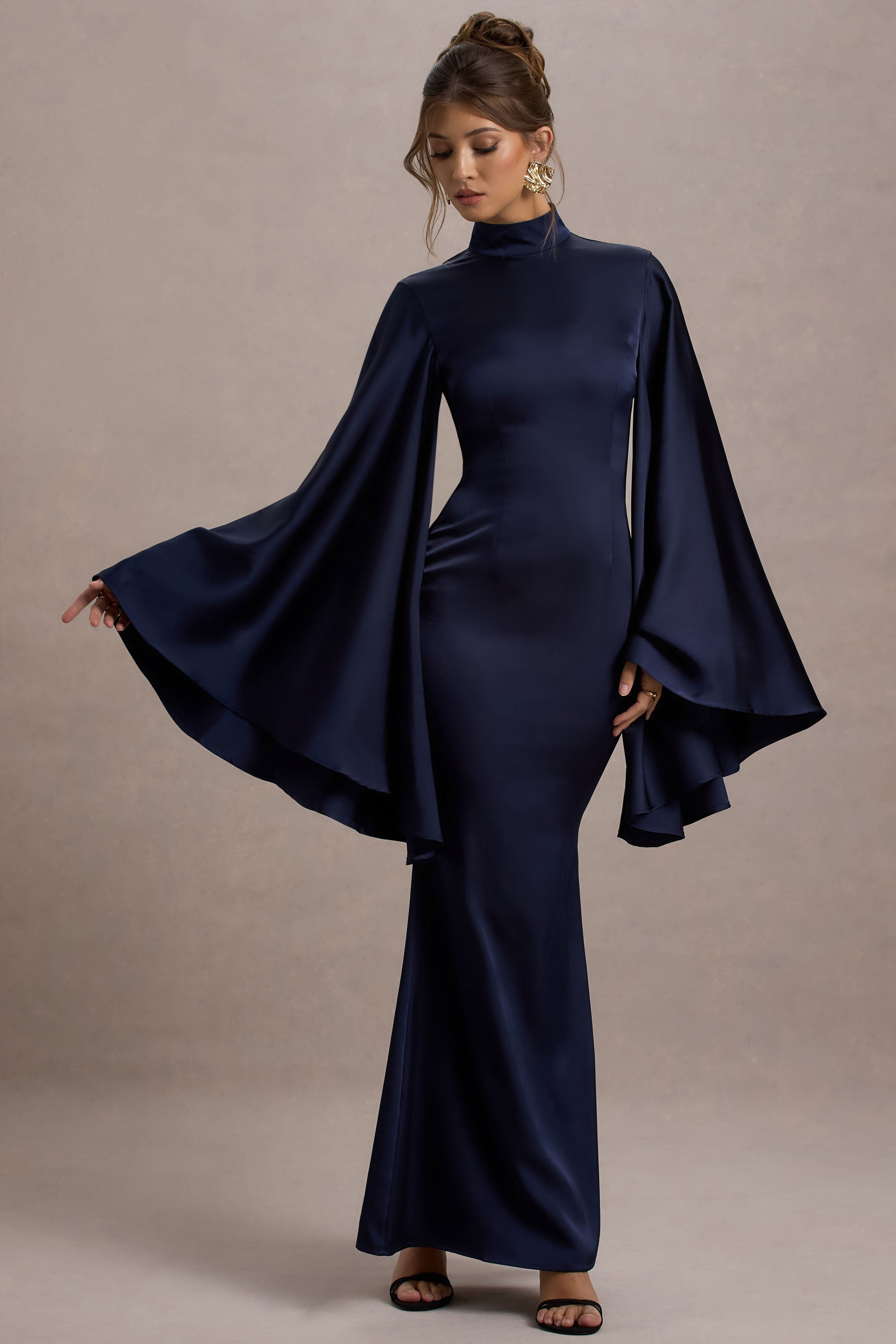 Maceline Navy Satin High-Neck Maxi Dress With Cape Sleeves
