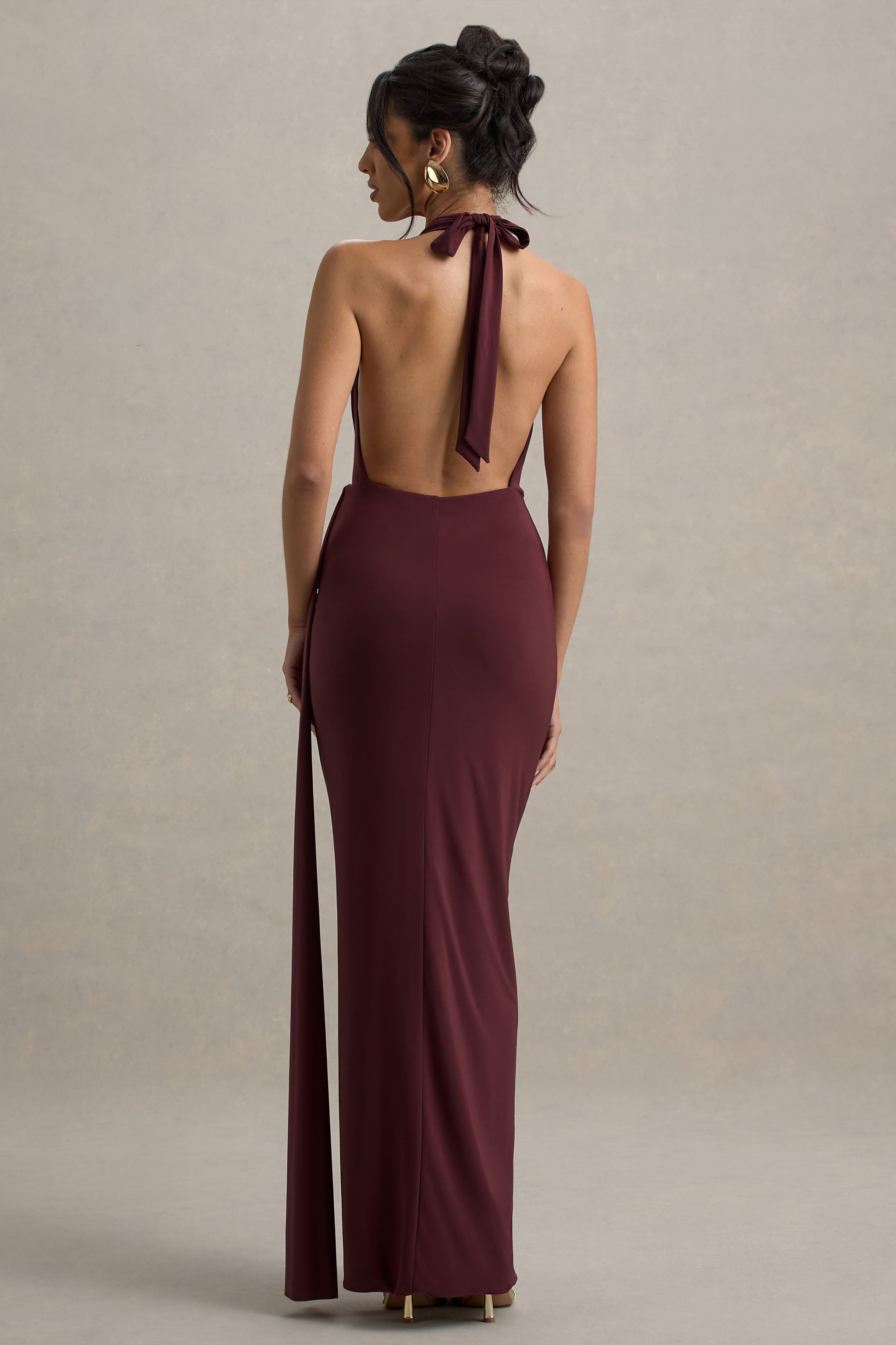 Rosina Burgundy Halter-Neck Draped Maxi Dress With Sash