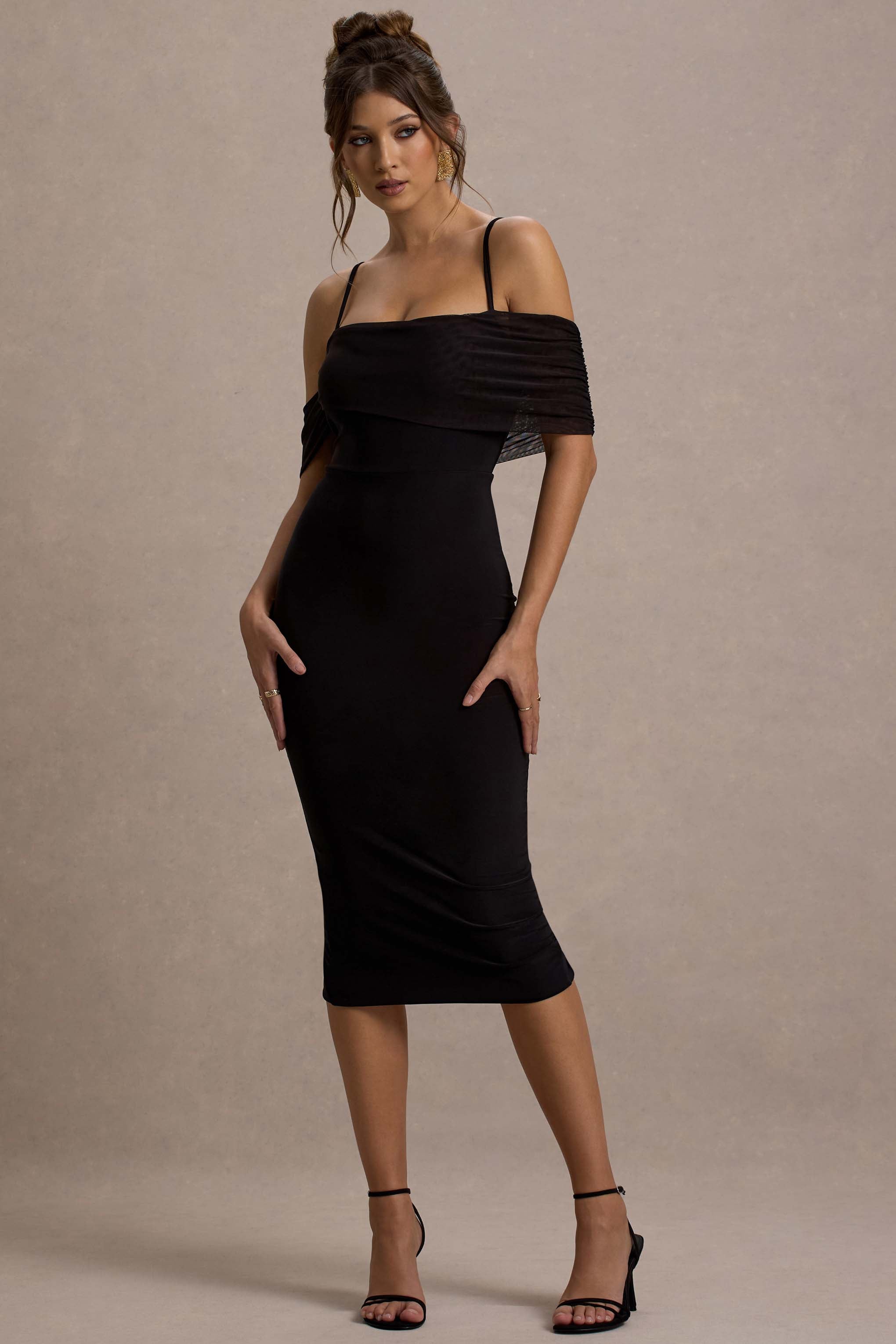 Bethan Black Bodycon Strappy Mesh Bardot Midi Dress