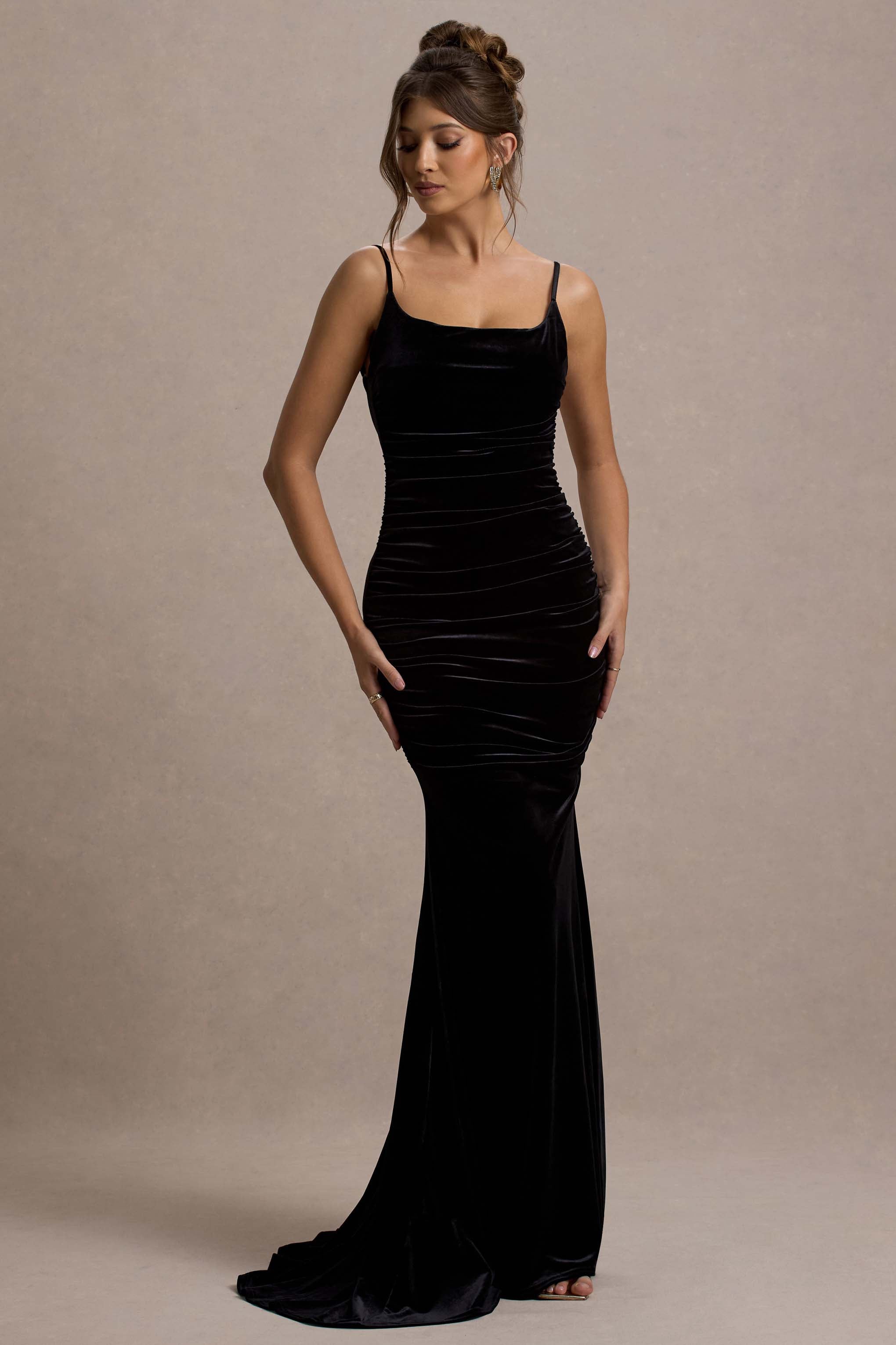Adele Black Velvet Ruched Strappy Fishtail Maxi Dress