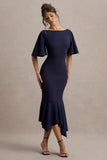 Ashling Navy Flutter-Sleeve Hanky-Hem Midi Dress