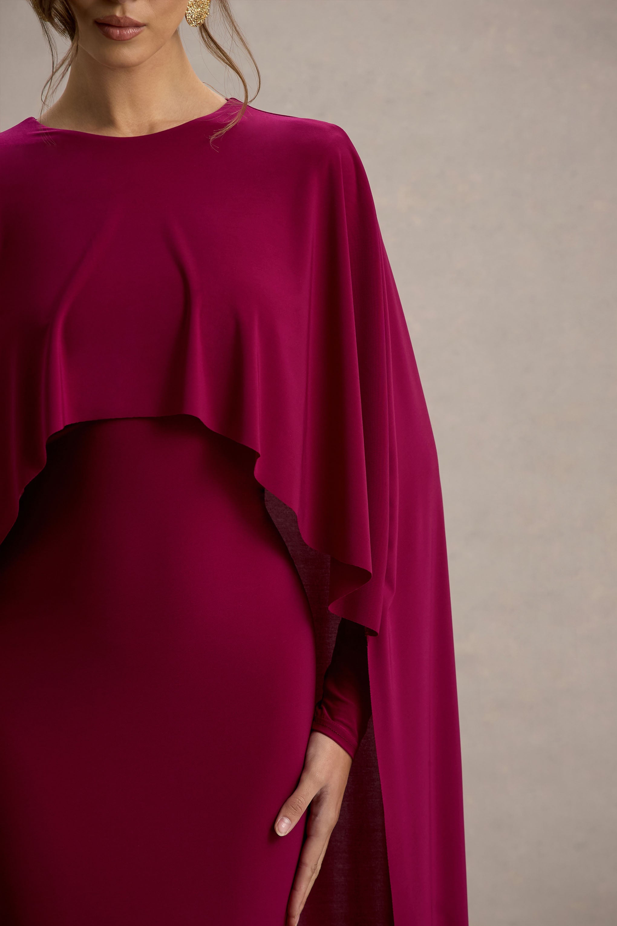 Belinda Burgundy Draped Maxi Dress With Cape Sleeves