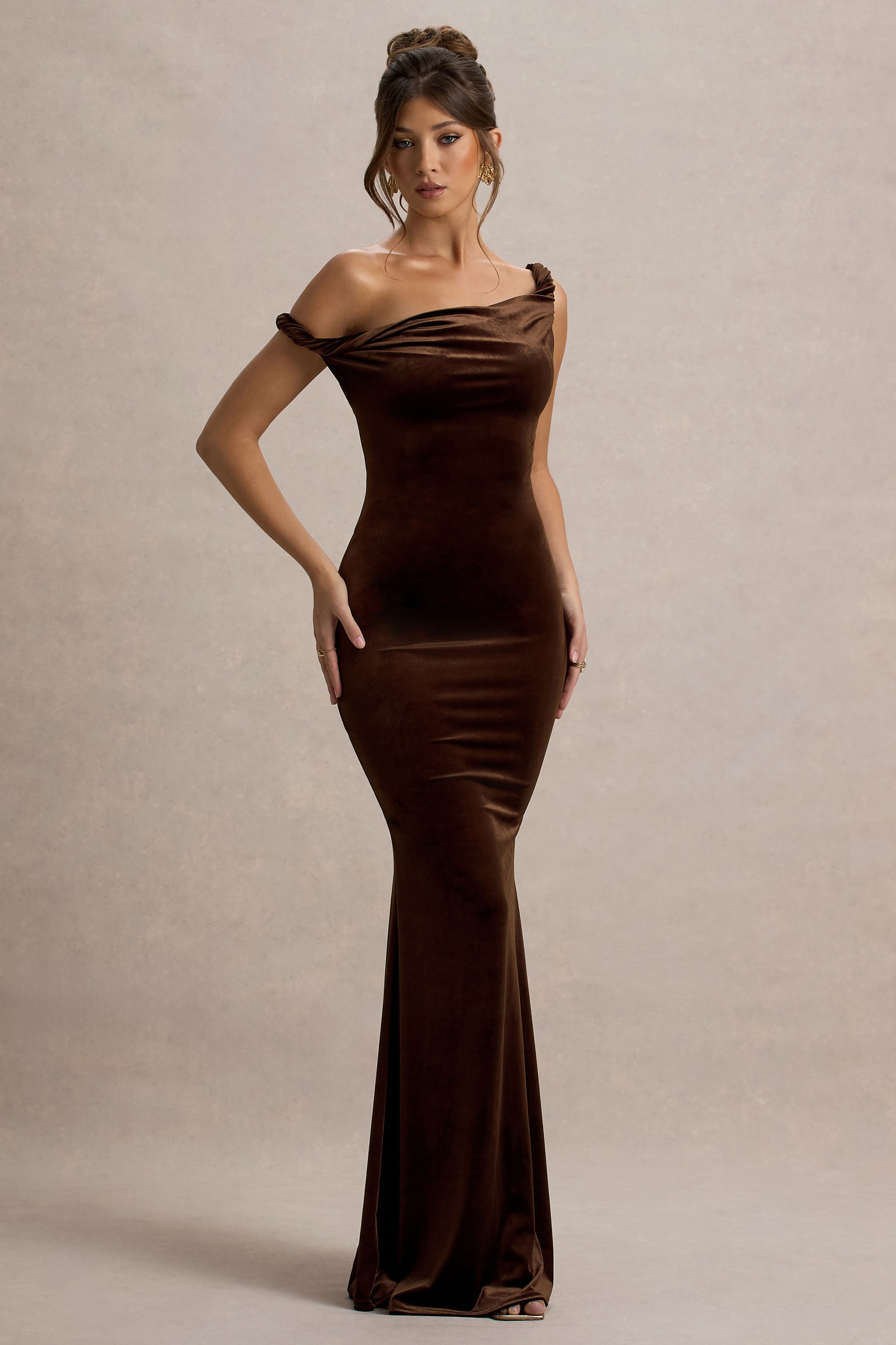 Neeka Brown Velvet Twisted Asymmetric Maxi Dress