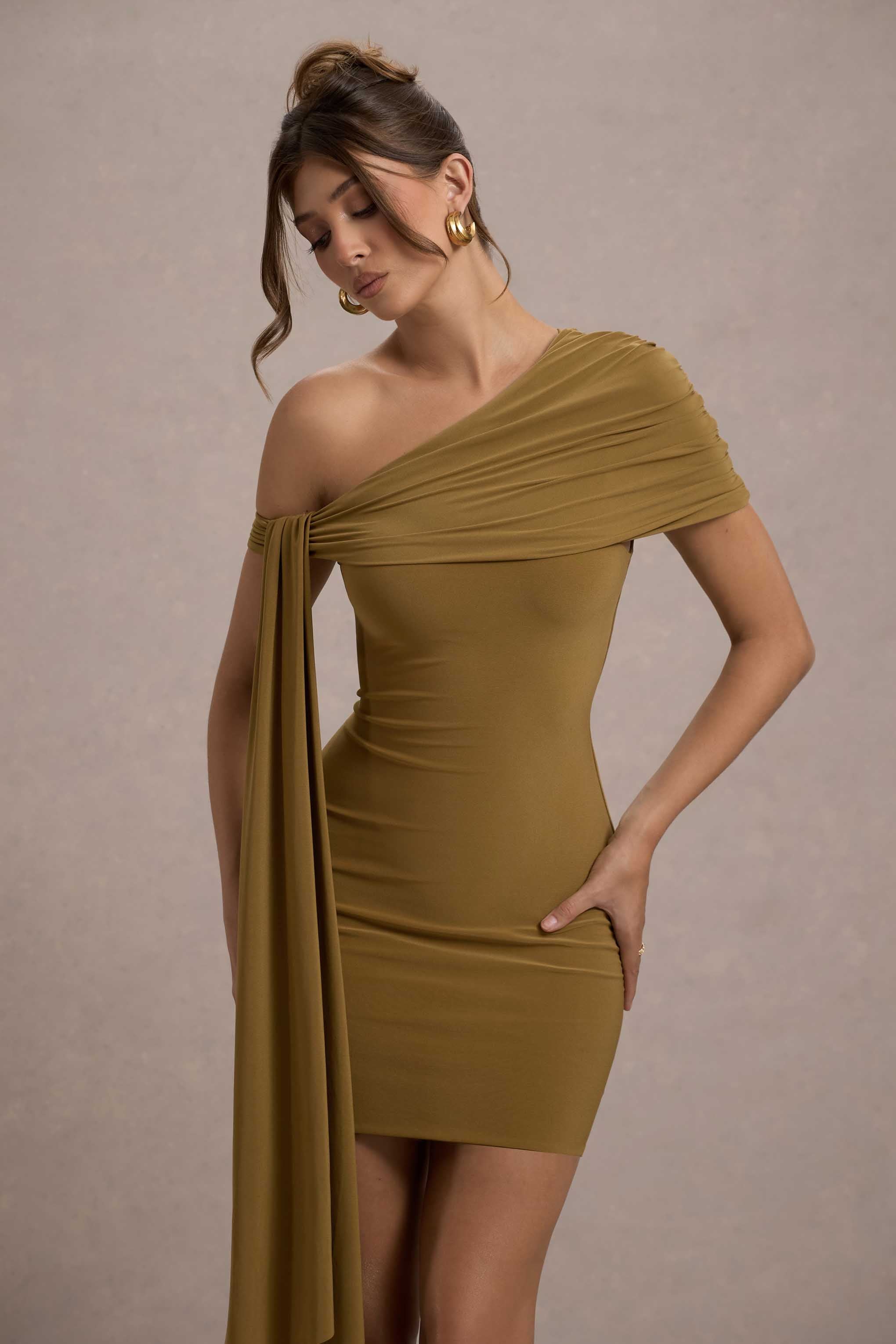 Alessio Mustard One-Shoulder Mini Dress With Drape