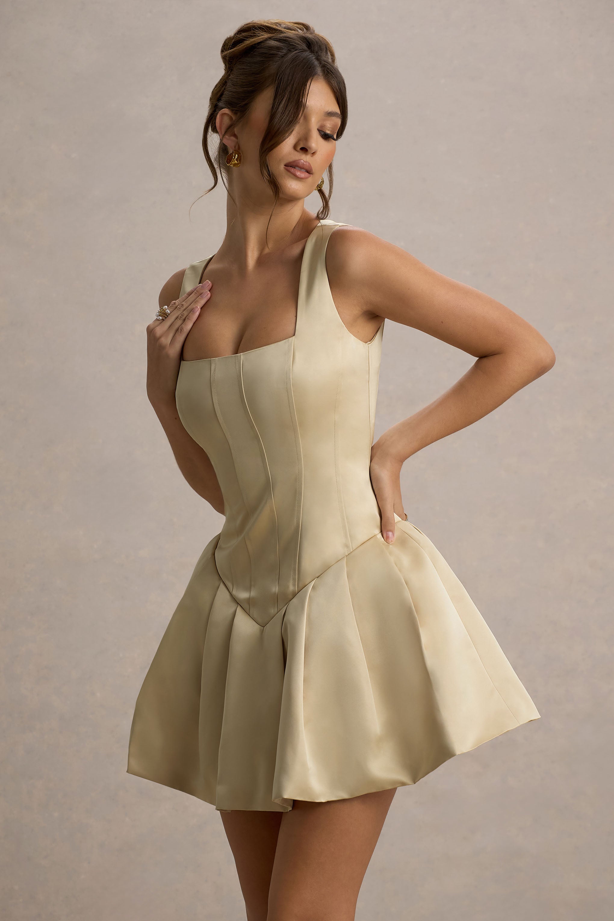 Bramble Ivory Satin Square-Neck Puffball Mini Dress