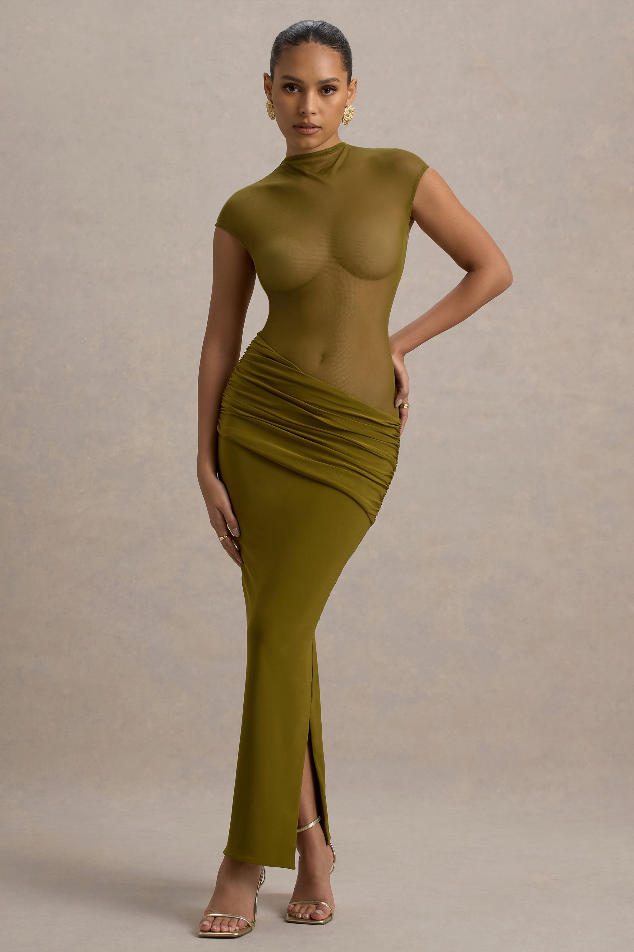 Asia Green Sheer Short-Sleeve Draped Maxi Dress