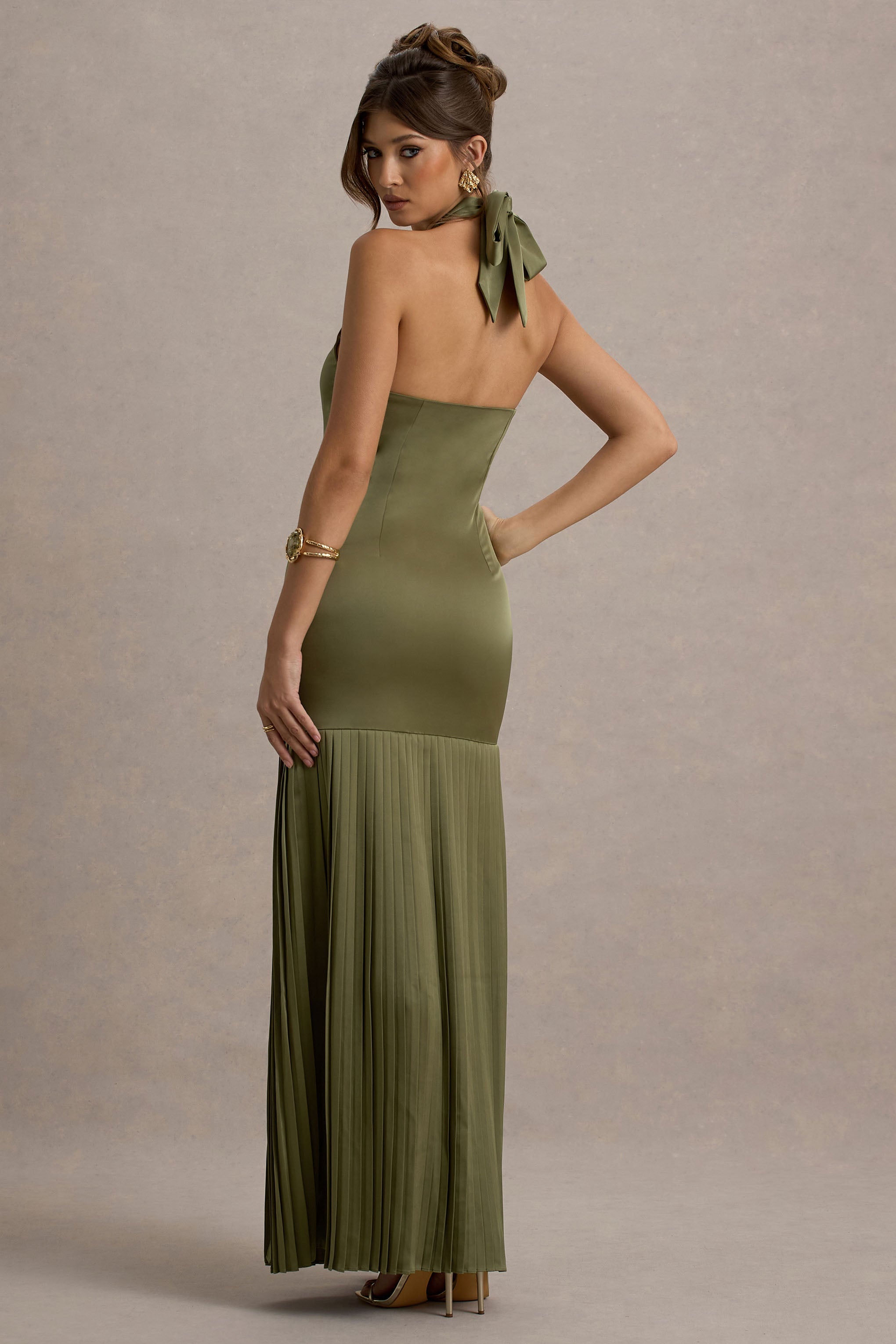 Sansa Khaki Satin Cross Halter-Neck Plisse Maxi Dress
