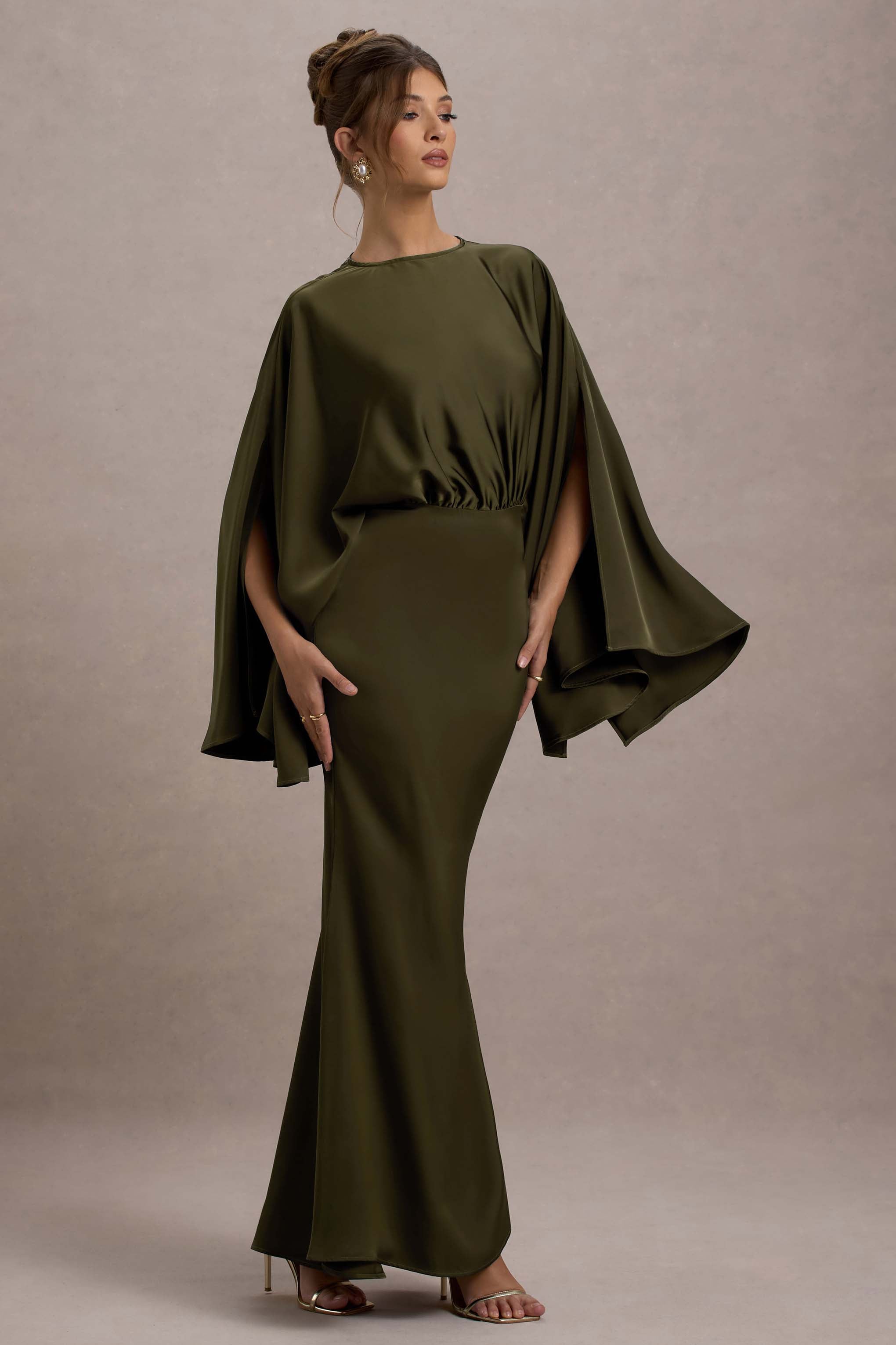 Zuzanna Khaki Draped Maxi Dress With Cape Sleeves