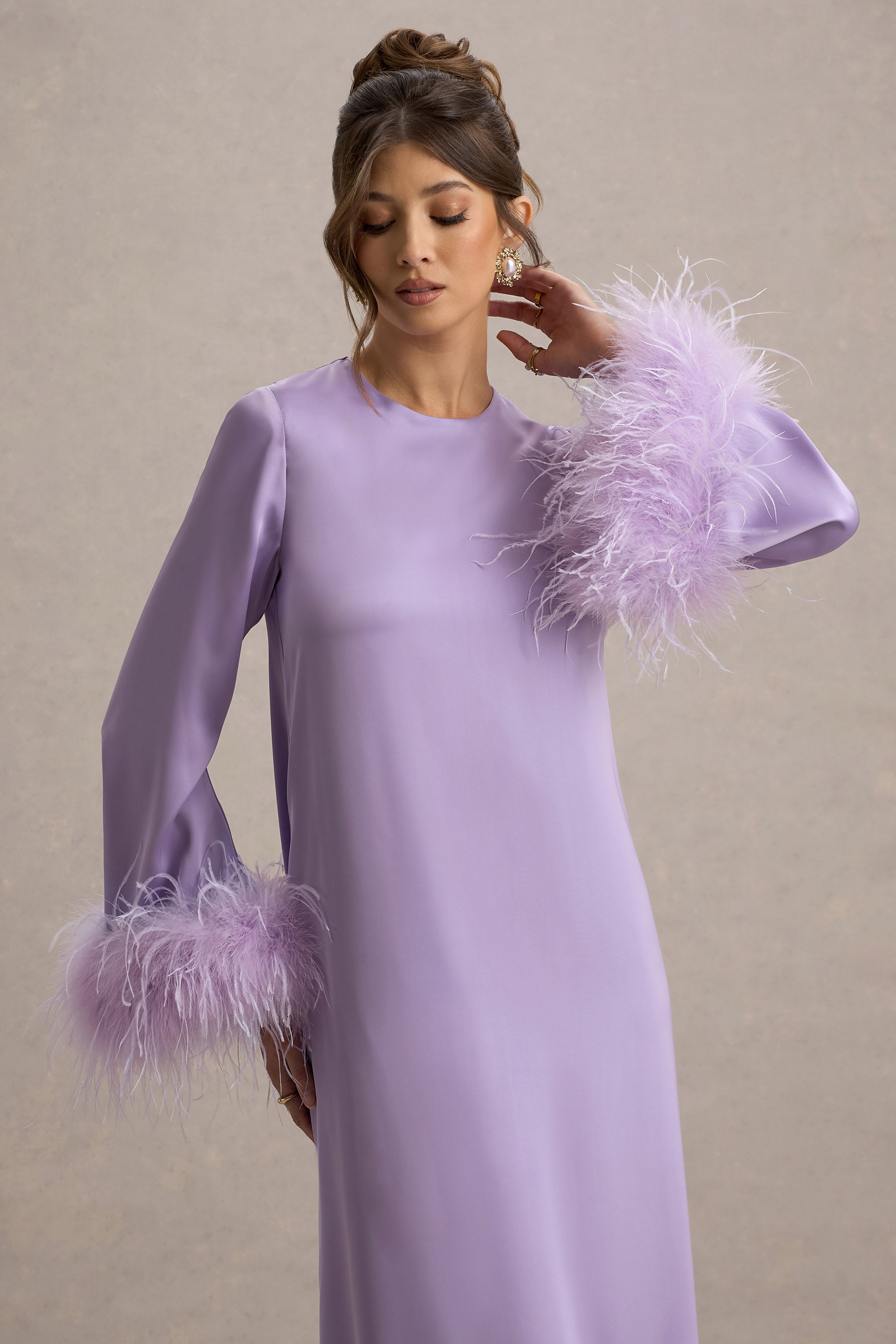 Adella Lilac Satin Feather-Trim Maxi Dress