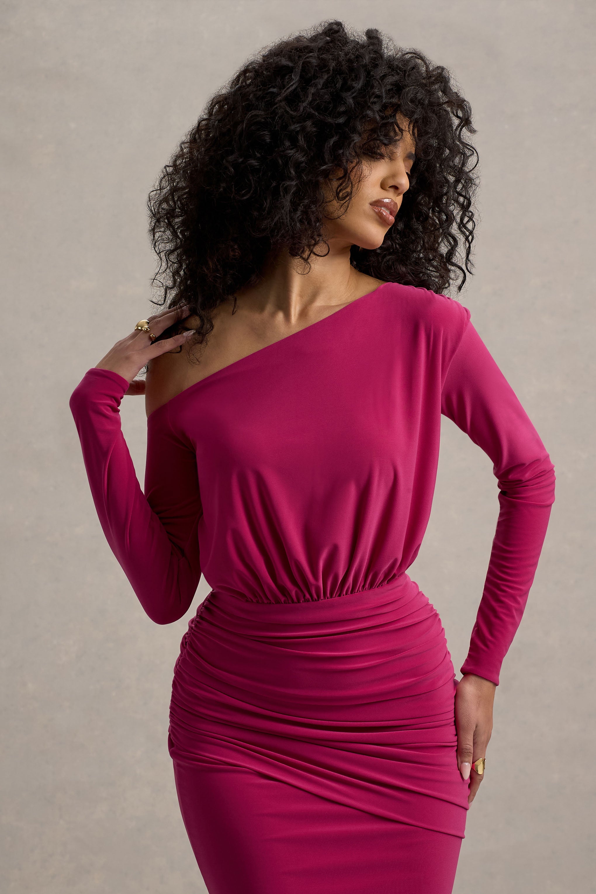 Deanna Hot Pink Asymmetric Long-Sleeve Ruched Maxi Dress
