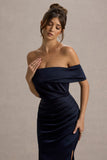 Martine Navy Satin Bardot Wrap Maxi Dress