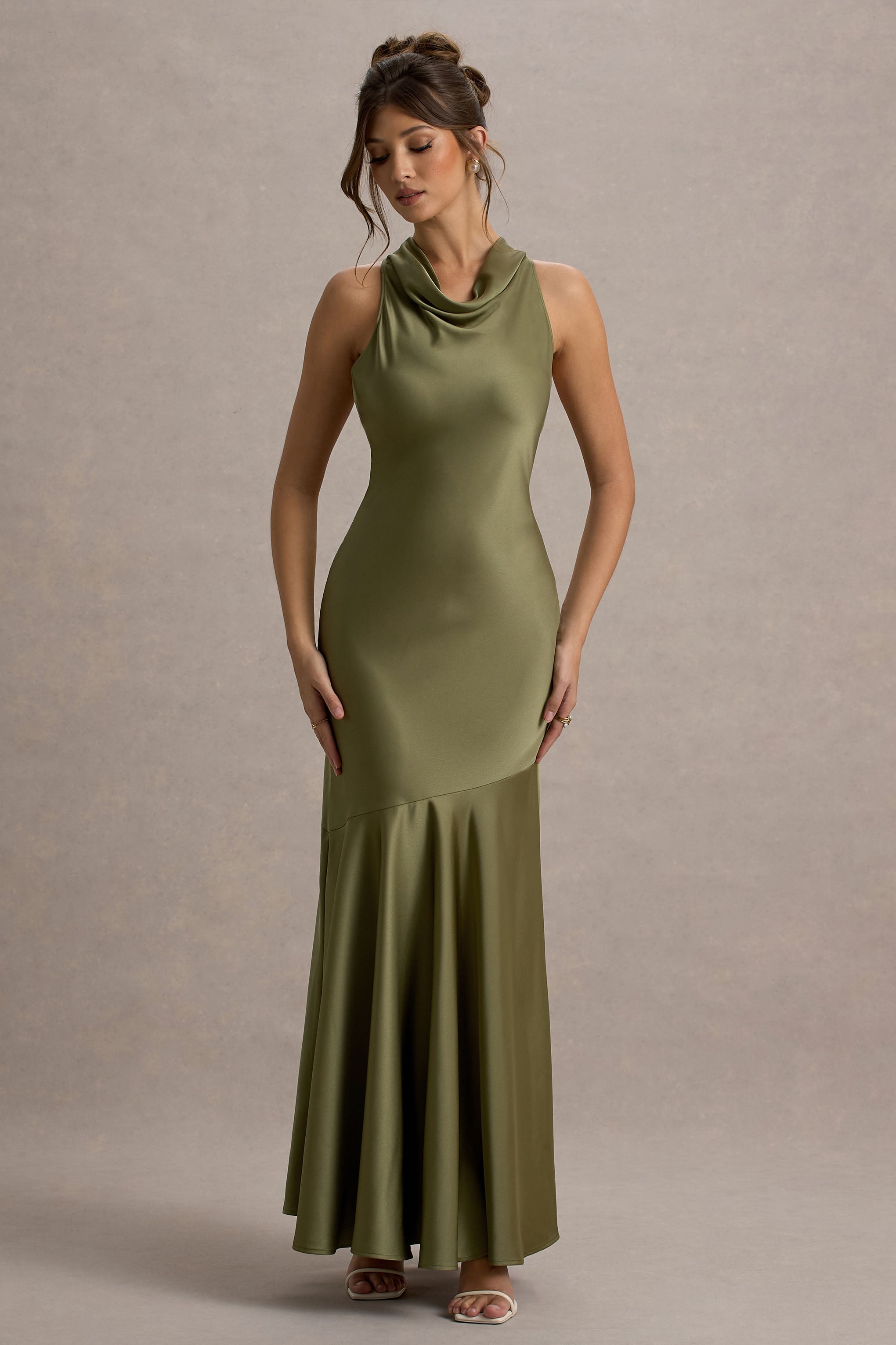 Amelita Khaki Satin Cowl-Neck Maxi Dress