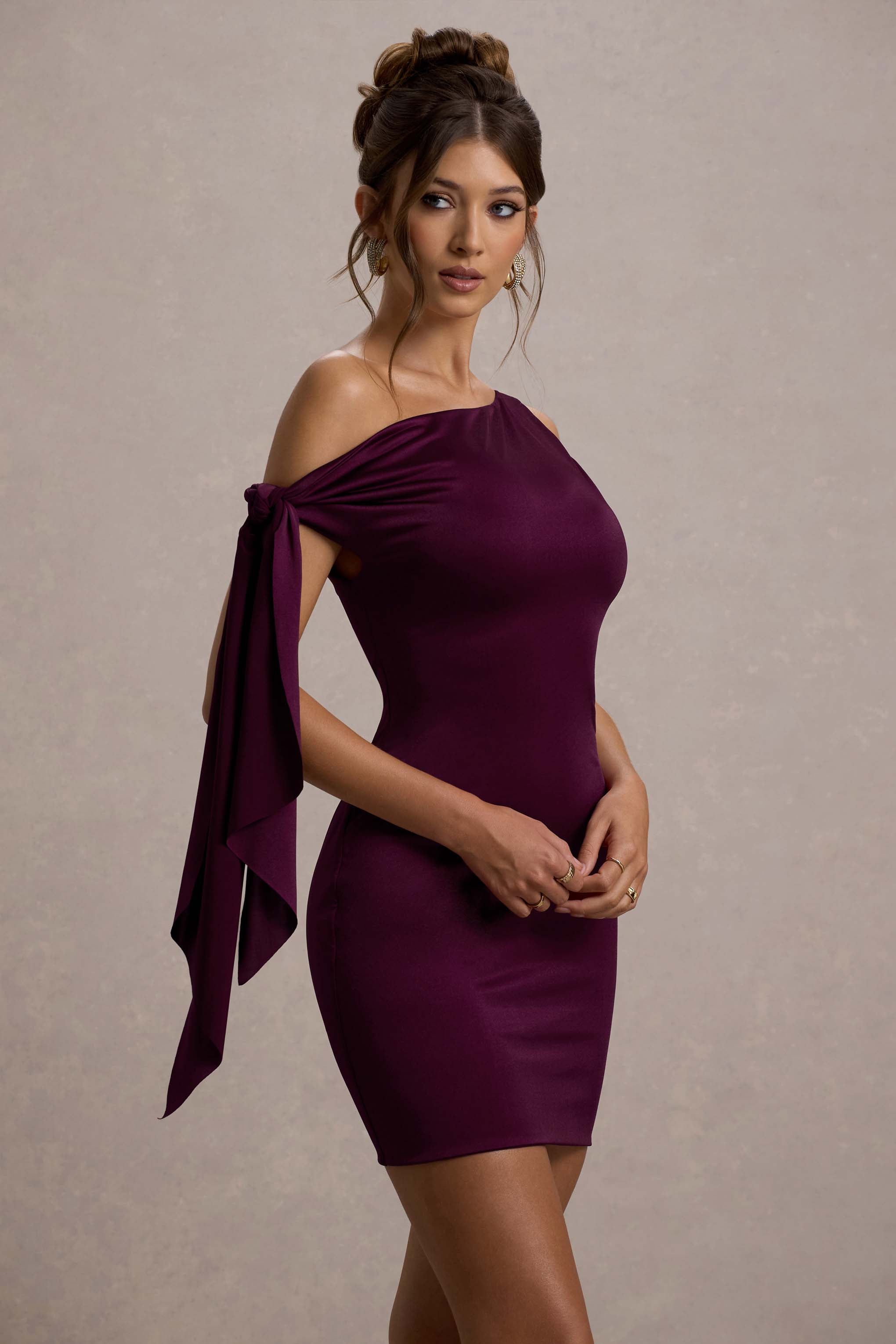 Ilythia Plum Asymmetric Mini Dress With Tie Sleeve