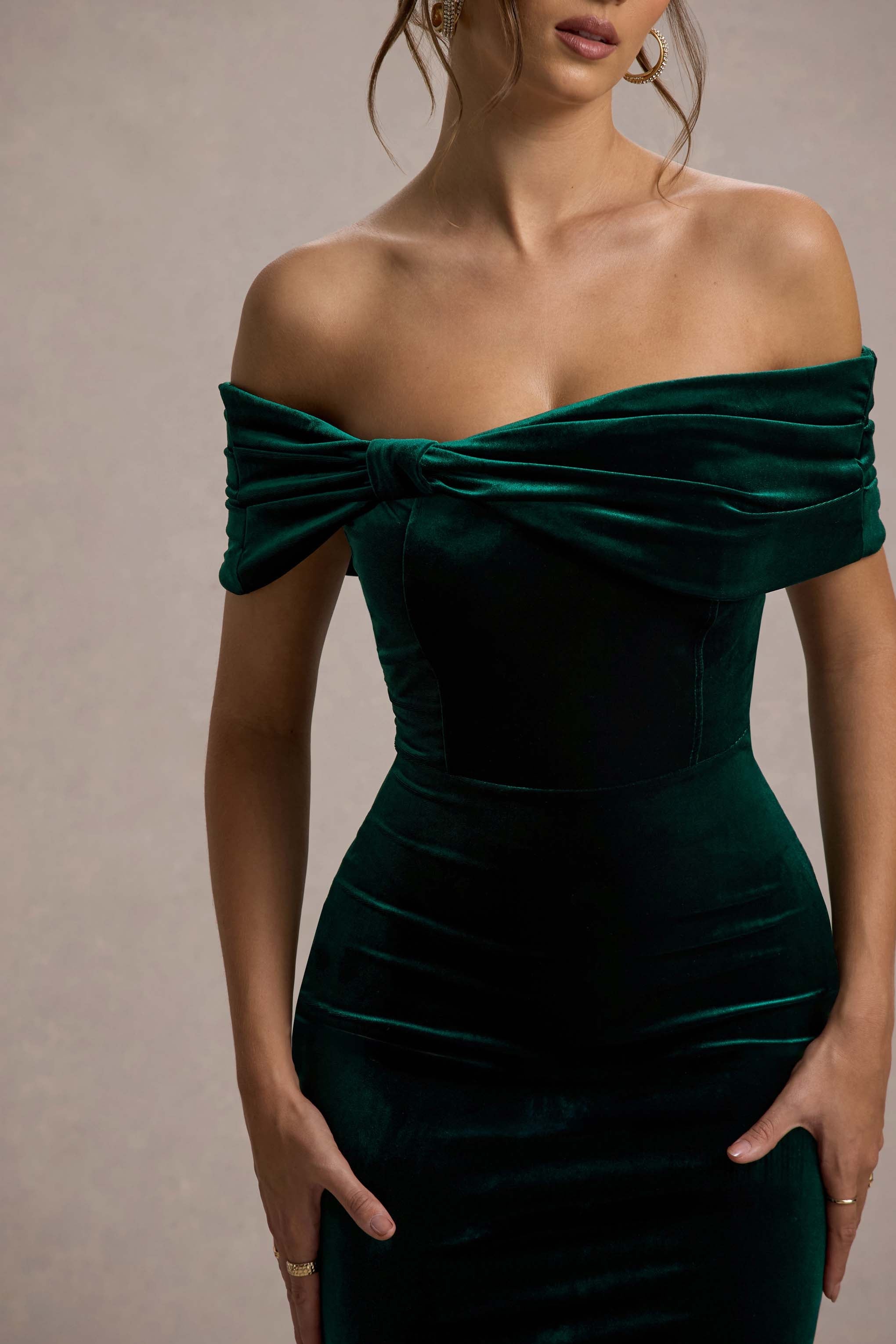 Snowflake Bottle Green Velvet Bardot Bow Detail Midi Dress