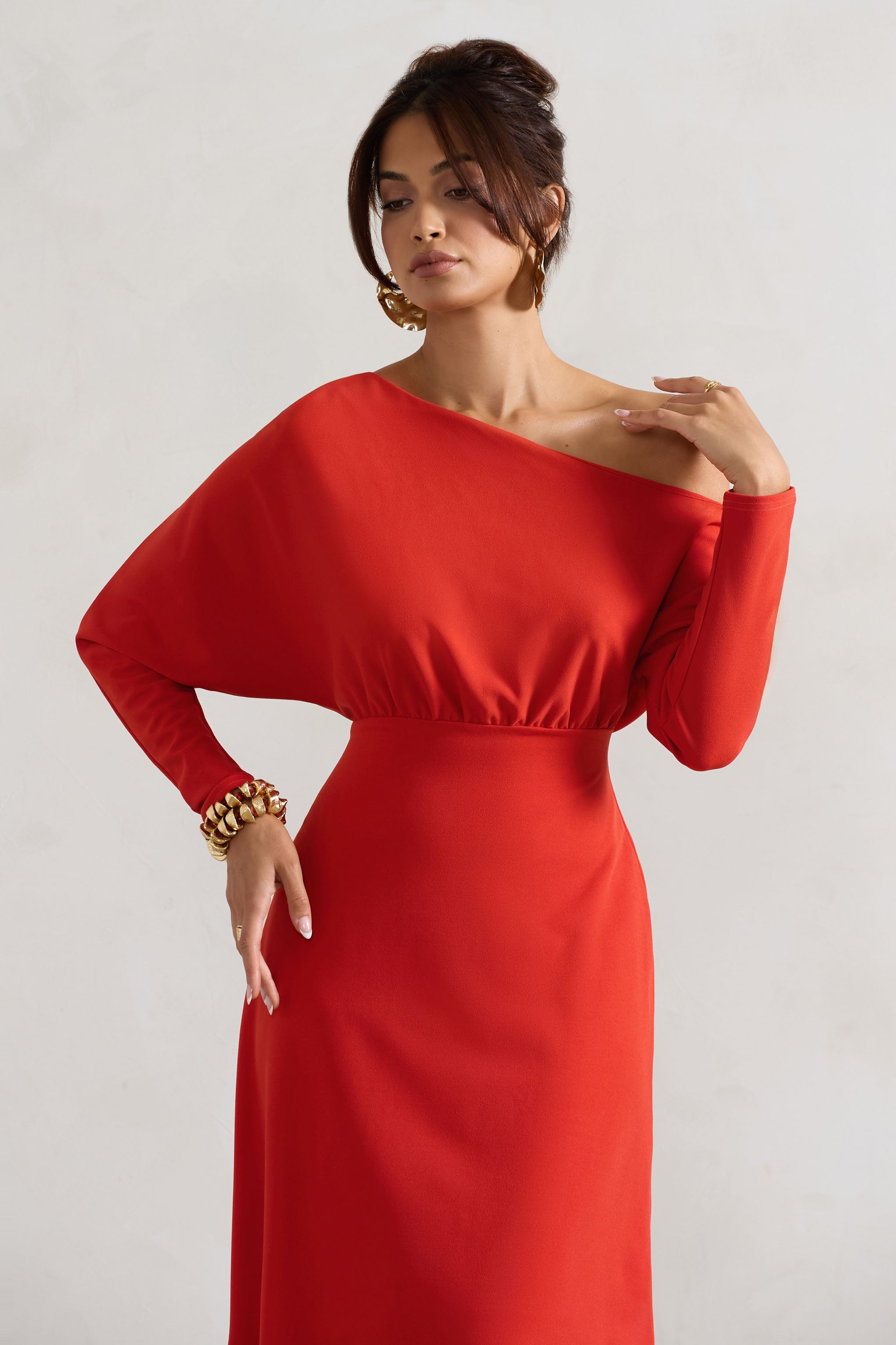 Lori Orange Asymmetric Long-Sleeve Maxi Dress