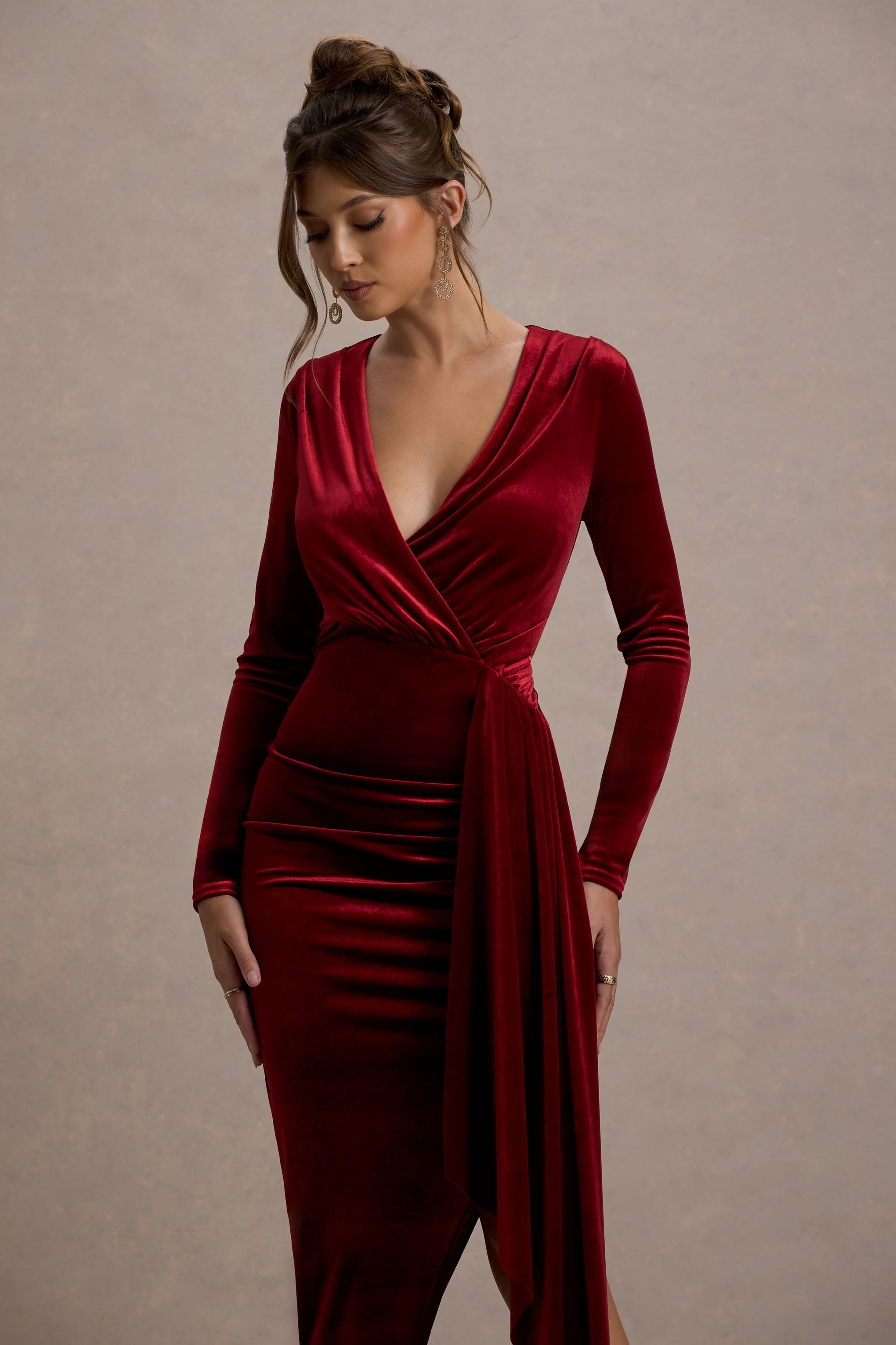 Arcadia Berry Velvet Plunge-Neck Wrap Midi Dress