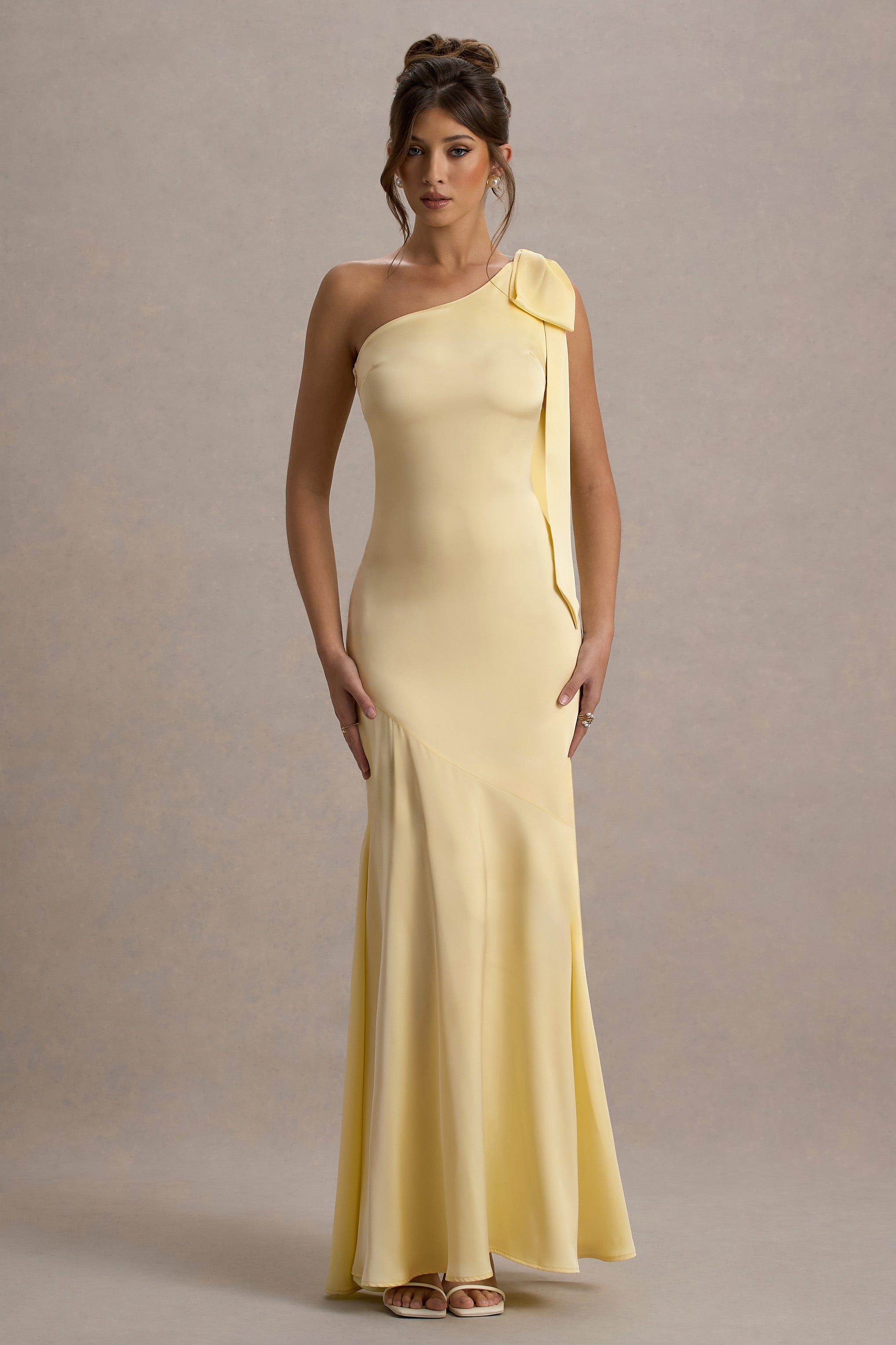 Here For Love Lemon Satin Asymmetric Maxi Dress With Bow