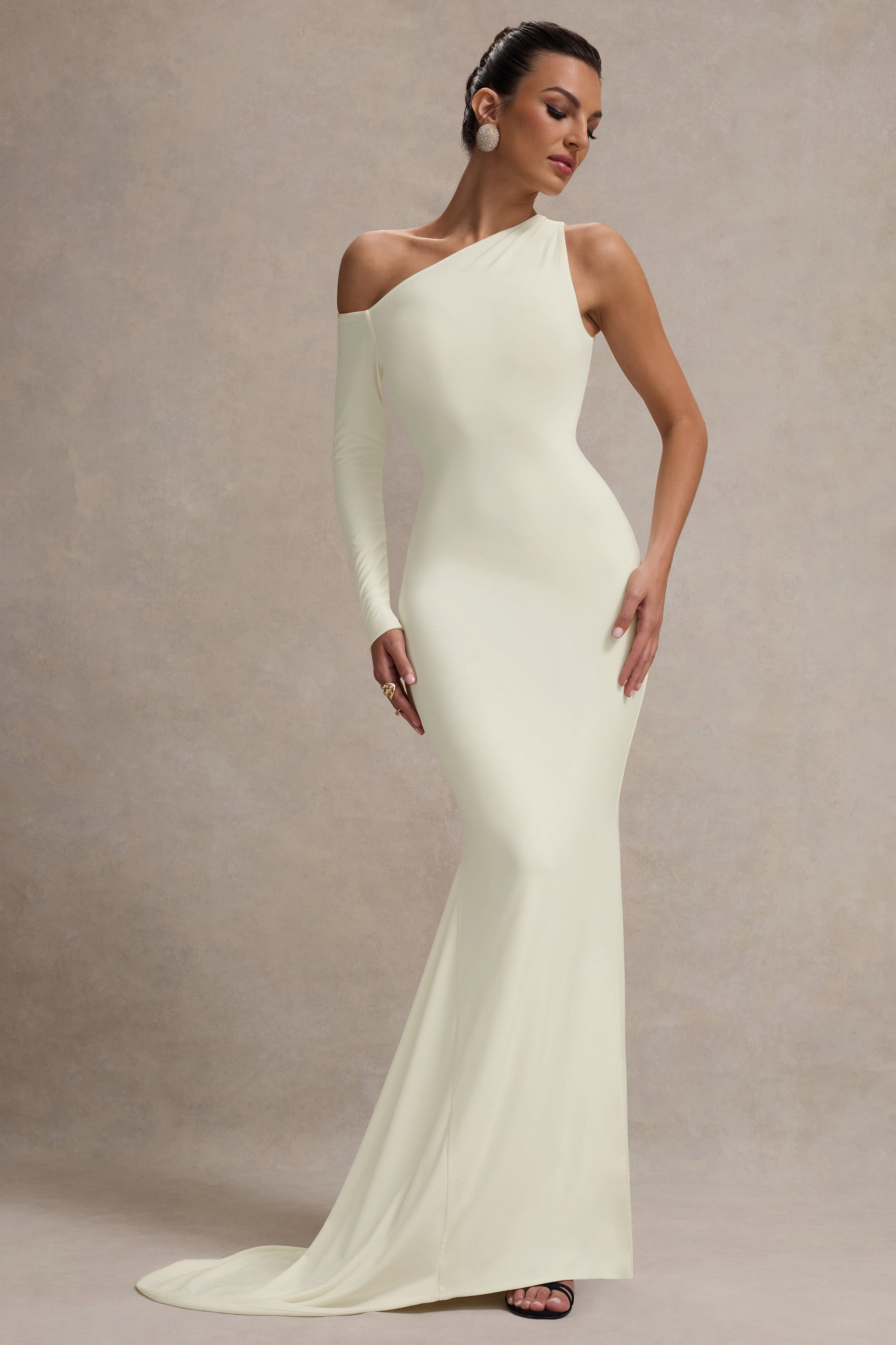 Contradiction Cream One-Sleeve Asymmetric Maxi Dress