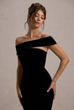 Candela Black Velvet Asymmetric Bardot Maxi Dress