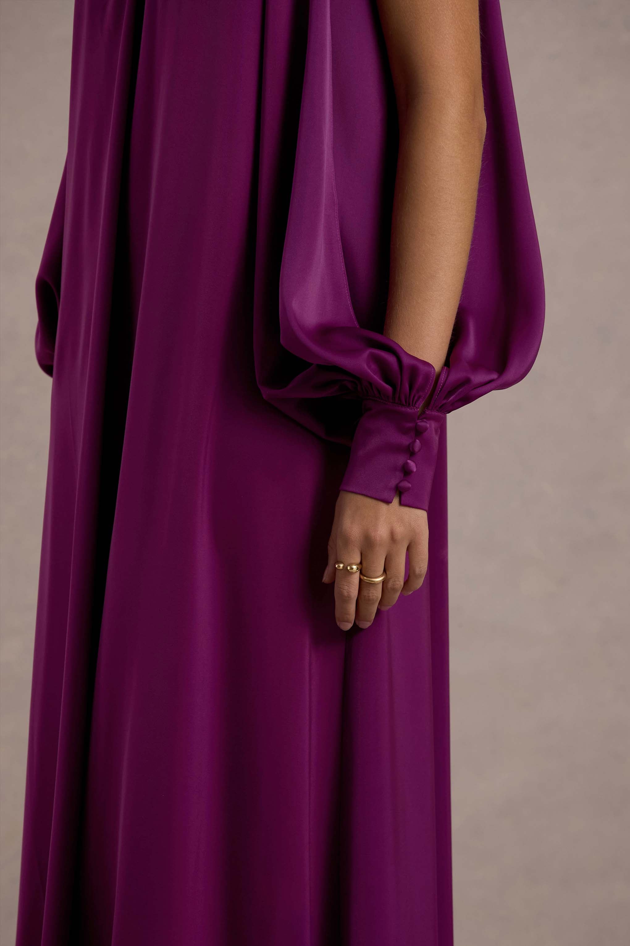 Baila Mulberry Satin High-Neck Cape-Sleeve Maxi Dress