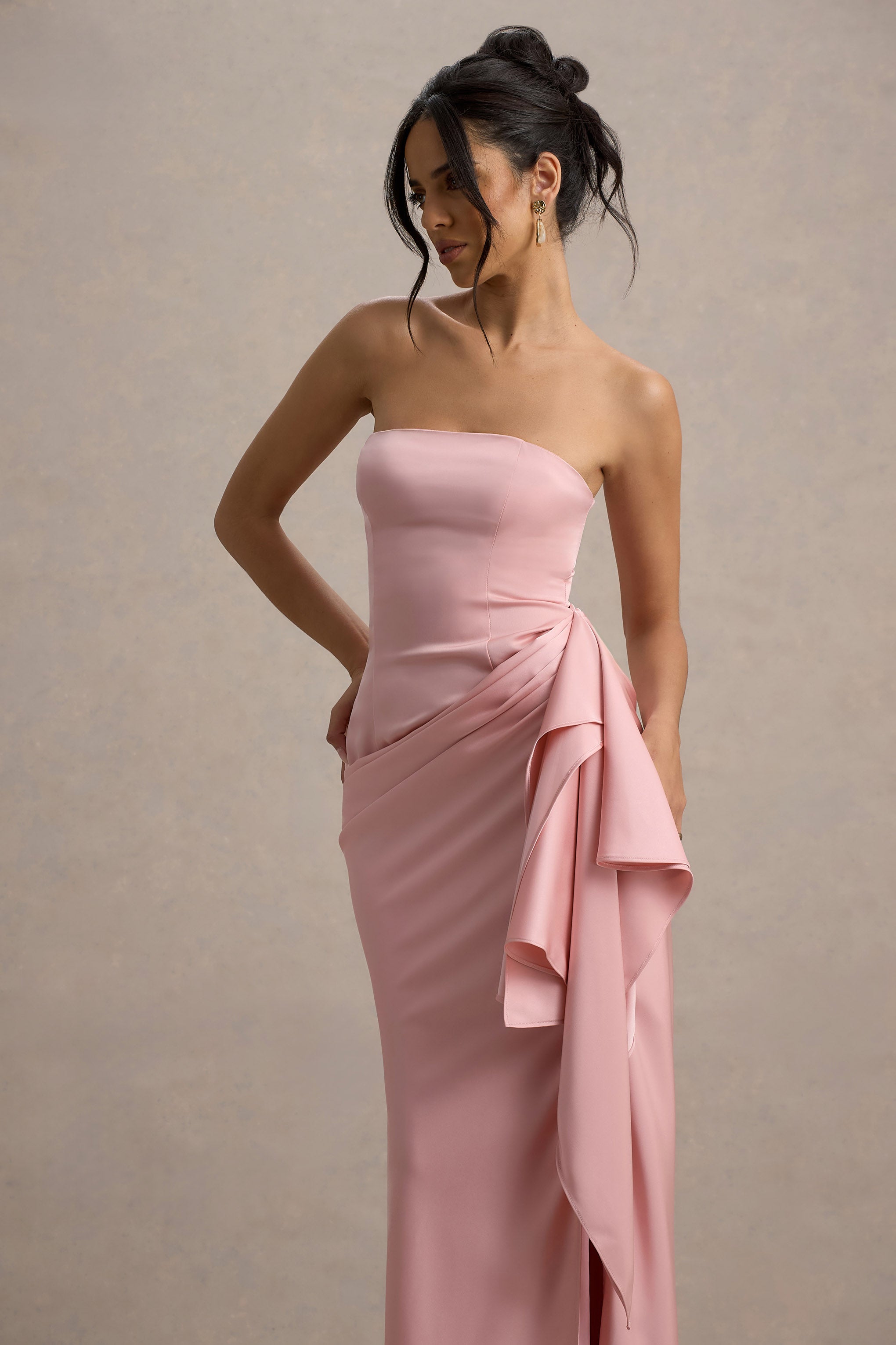 Loz Light Pink Satin Bandeau Draped Maxi Dress