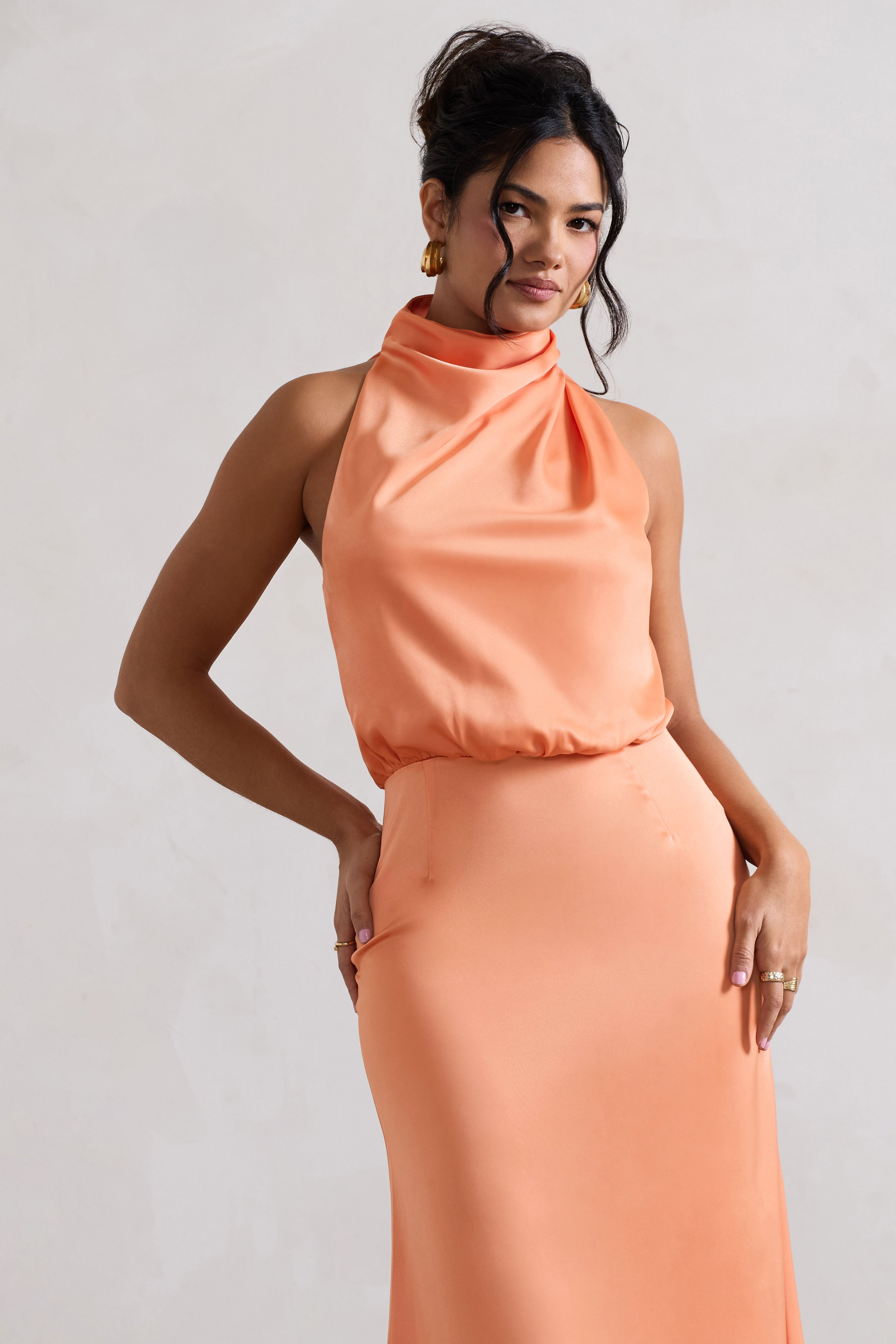 Geena Peach Satin Twisted High-Neck Midi Dress