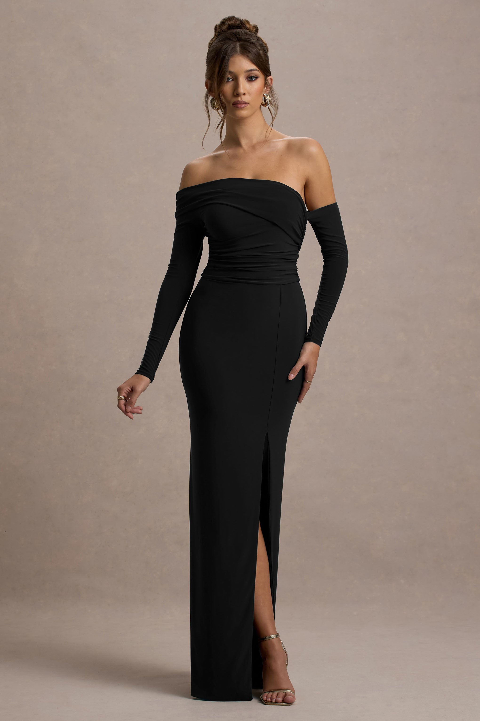 Stand Out Black Bardot Long Sleeve Ruched Maxi With Side Split