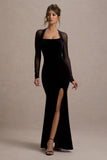 Apres Black Velvet Bodycon Split Maxi Dress With Sheer Sleeves