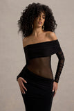 Belamour Black Semi-Sheer Bardot Gathered Maxi Dress
