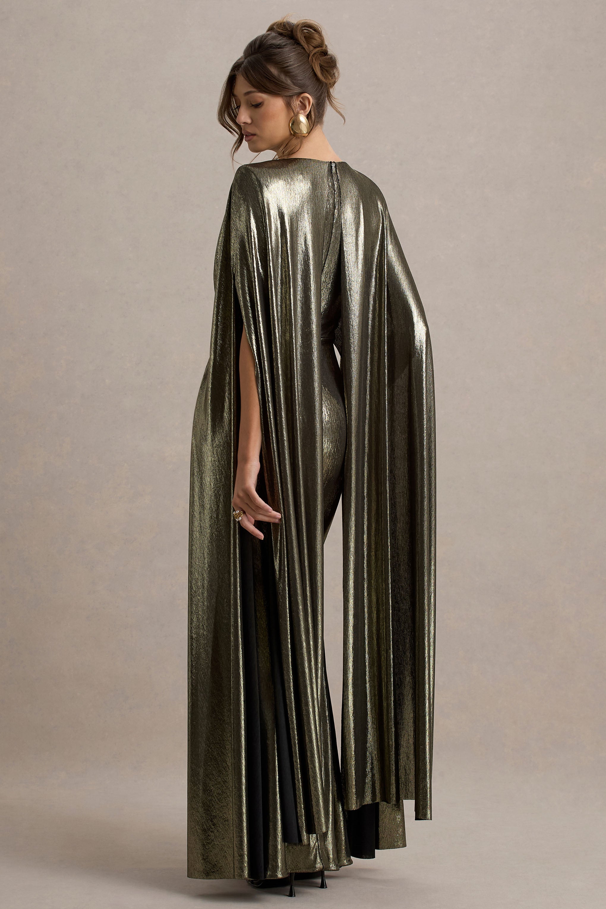 Theia Gold Metallic Cape-Sleeve Split Maxi Dress