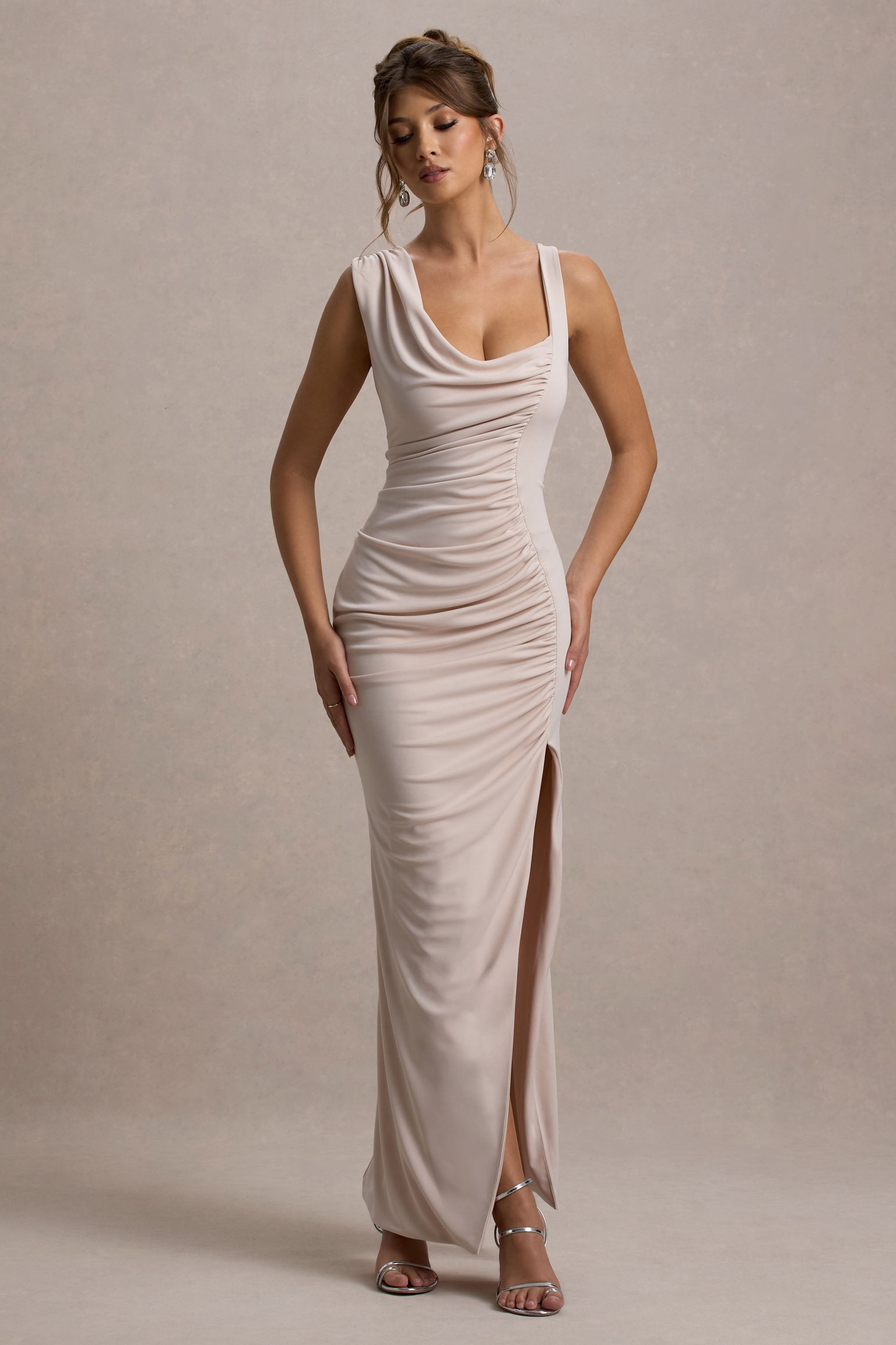 Analissa Champagne Asymmetric Draped Maxi Dress With Split