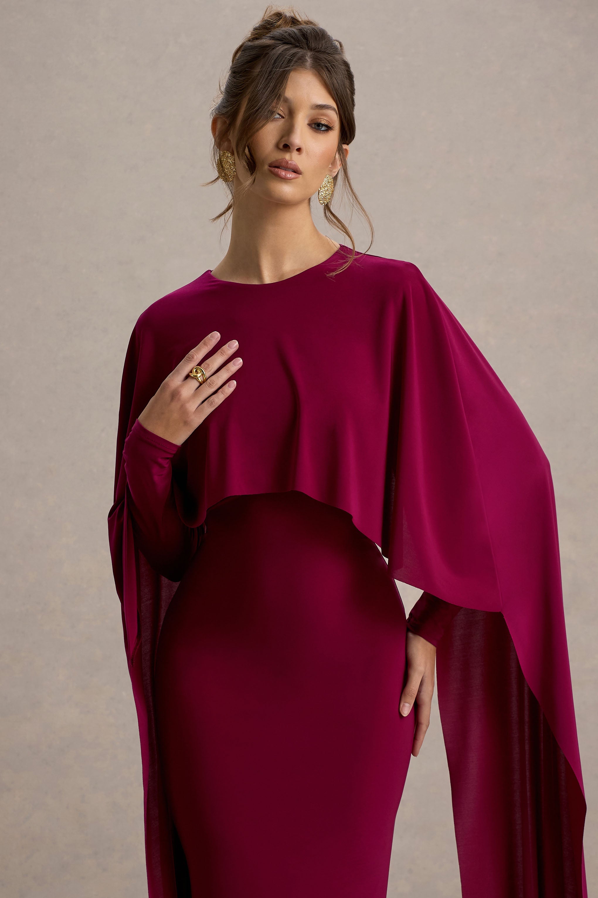 Belinda Burgundy Draped Maxi Dress With Cape Sleeves