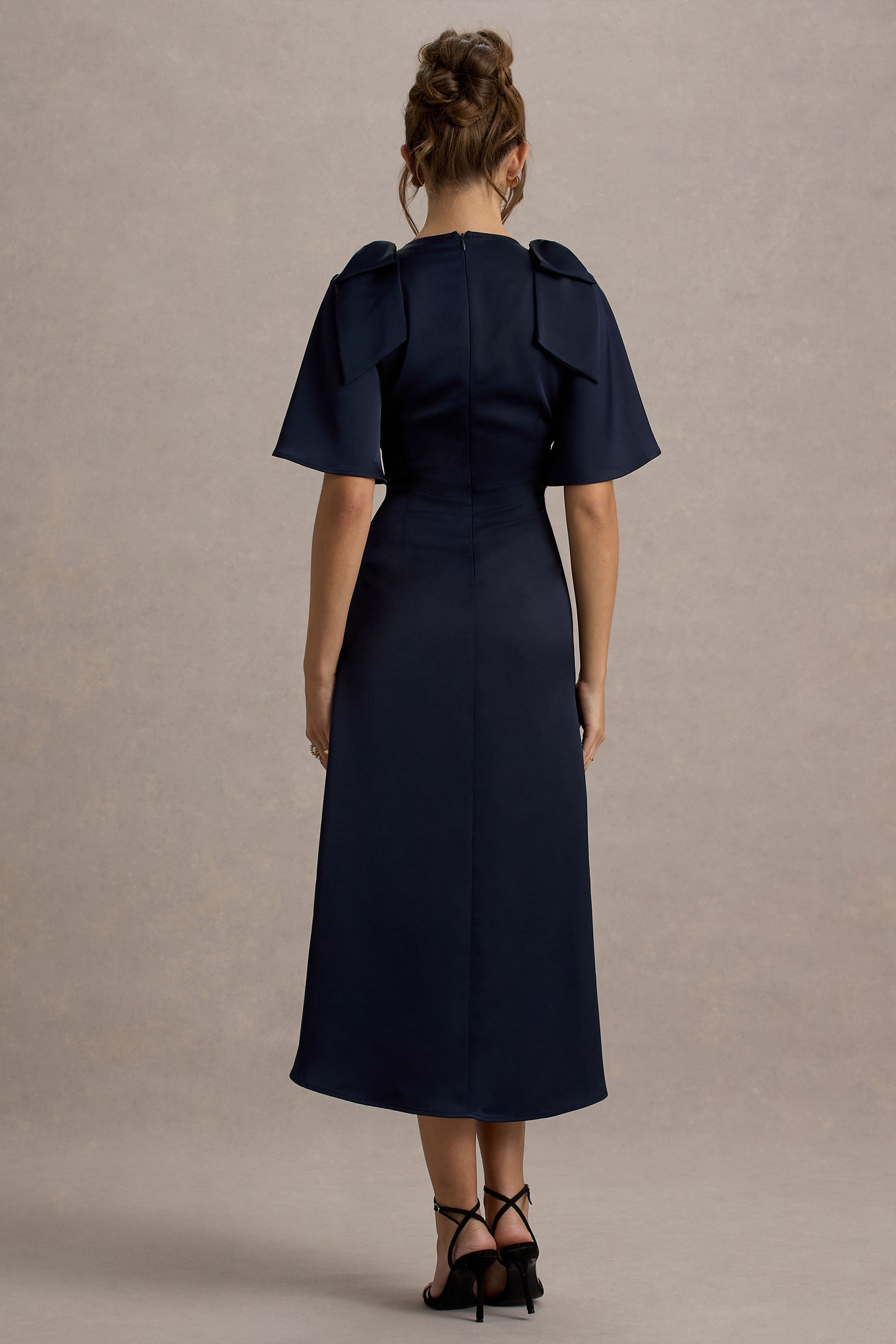 Danna Navy Satin V-Neck Short-Sleeve Midi Dress