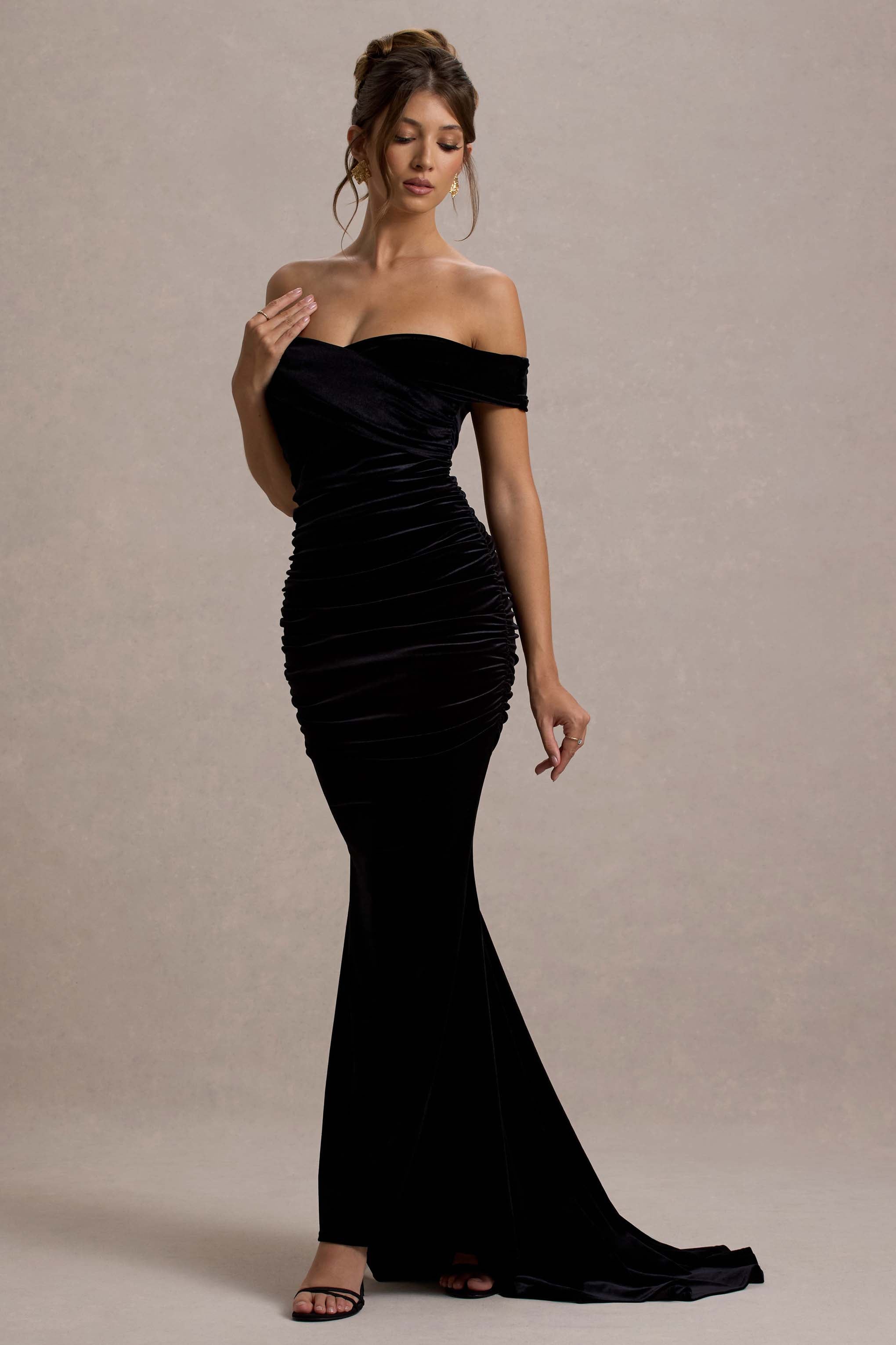 Apolline Black Velvet Off The Shoulder Ruched Fishtail Maxi Dress