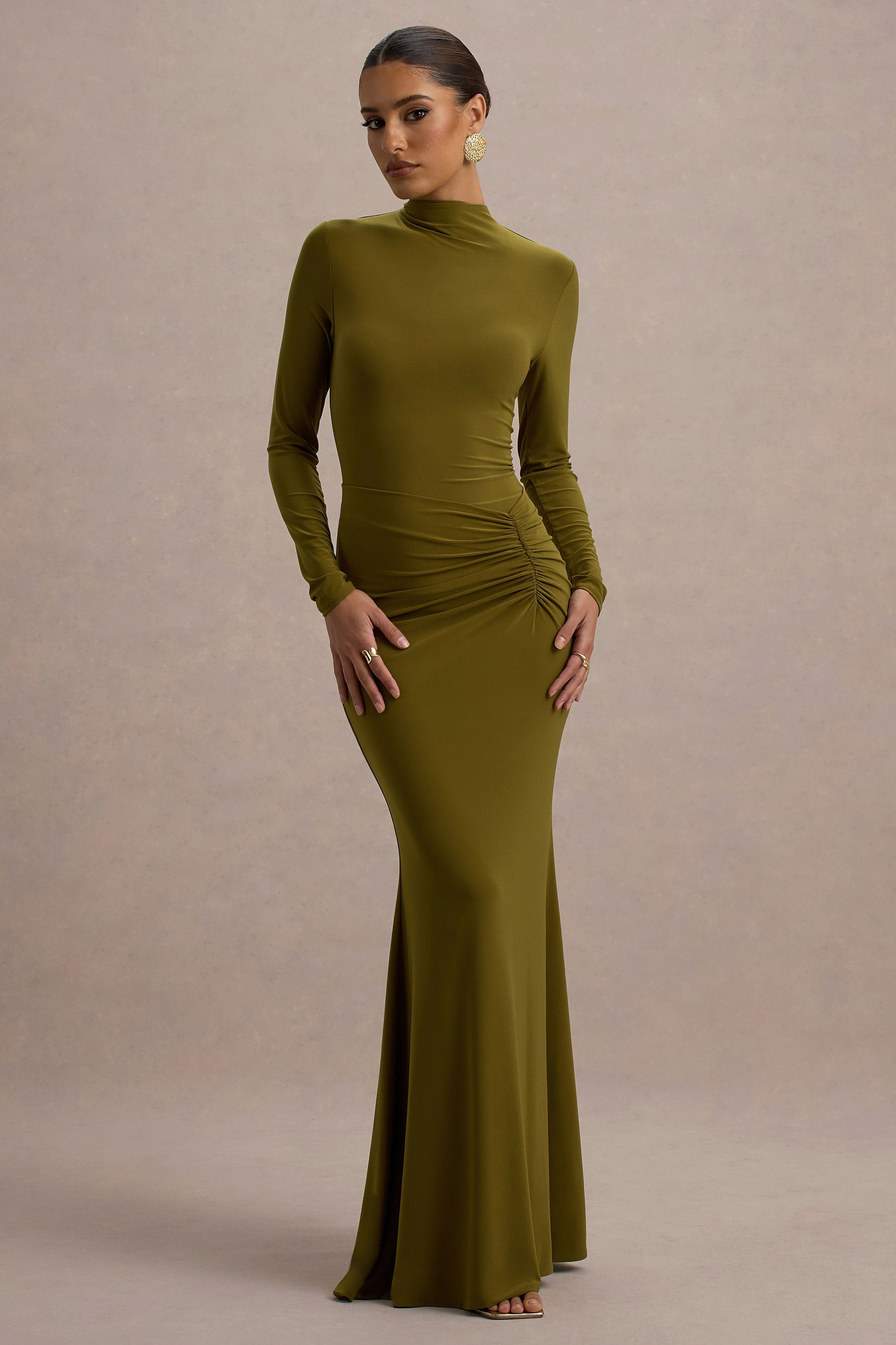 Reid Green Long-Sleeve Gathered Maxi Dress