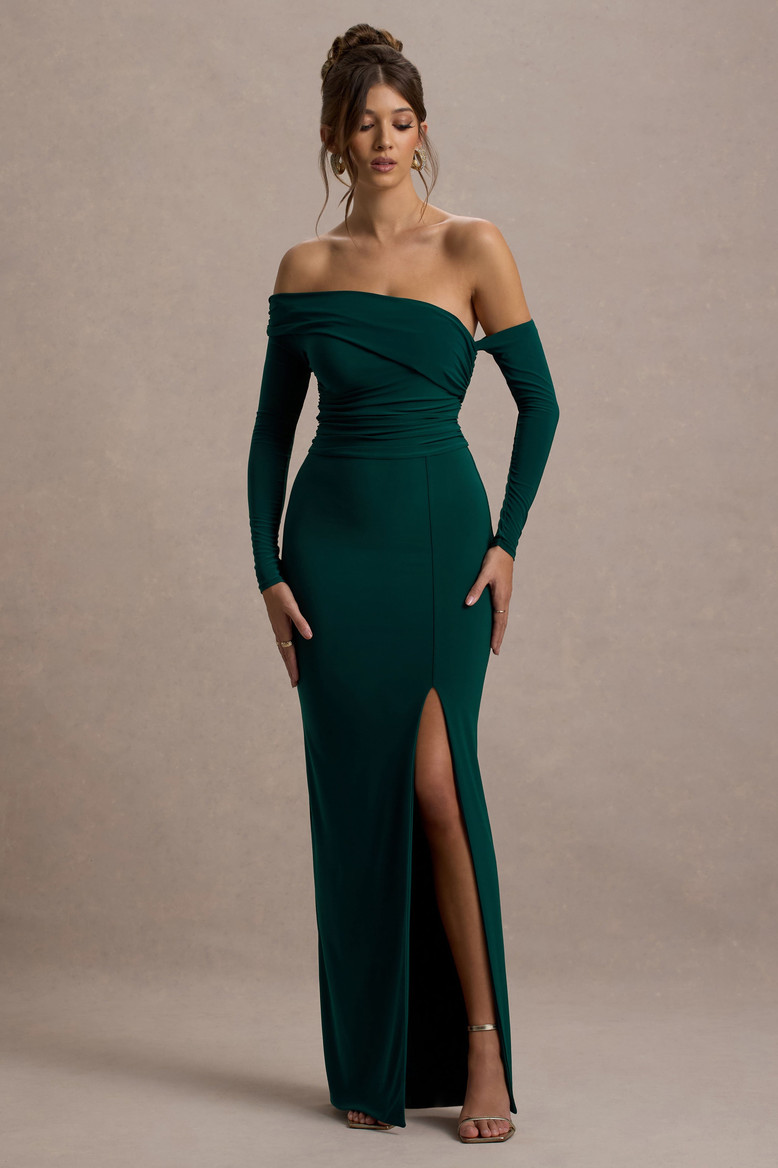 Stand Out Bottle Green Bardot Long Sleeve Ruched Maxi With Side Split