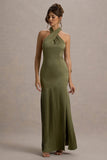 Sansa Khaki Satin Cross Halter-Neck Plisse Maxi Dress