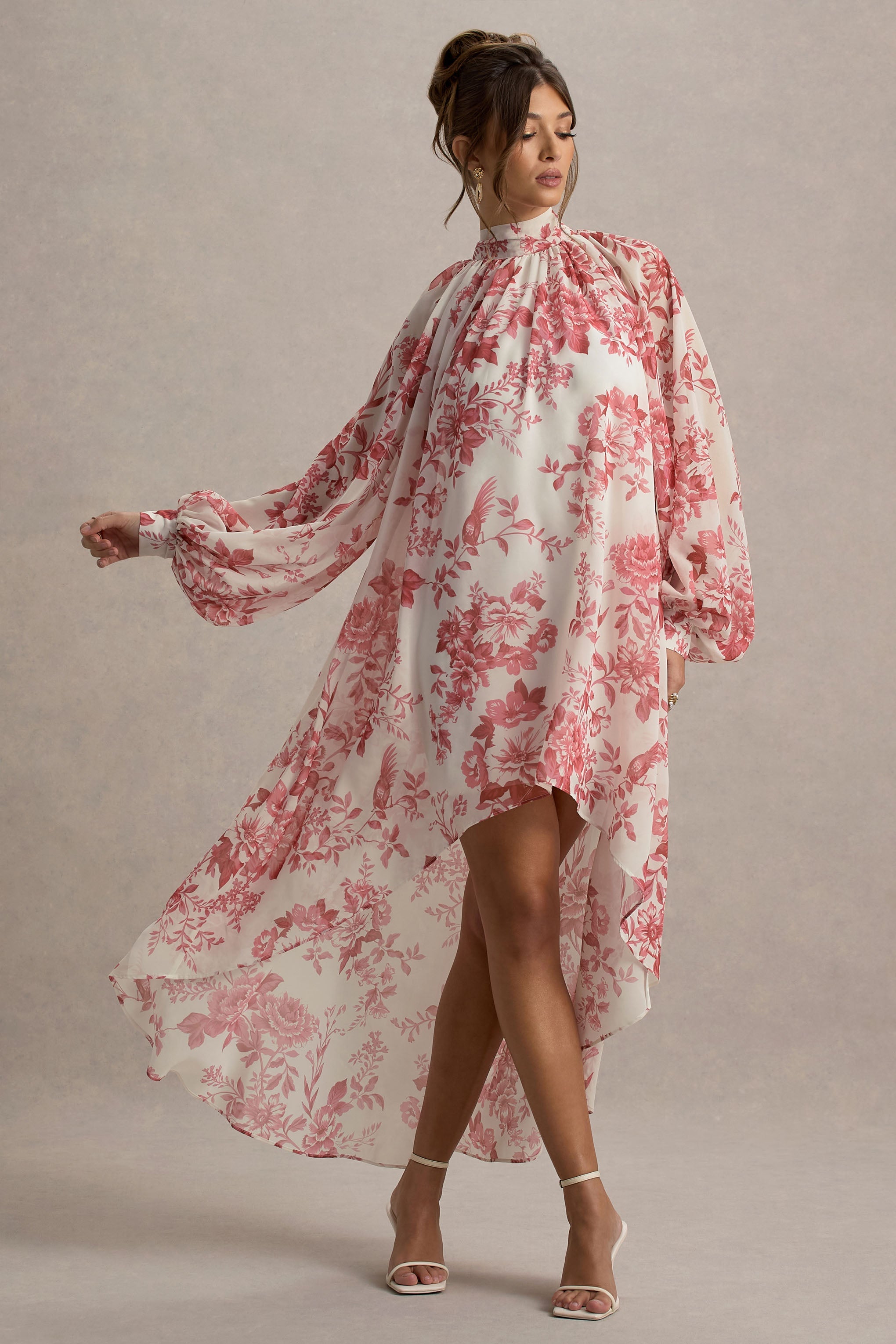 Delphia Pink Porcelain Print High-Neck Maxi Dress With High-Low Hem