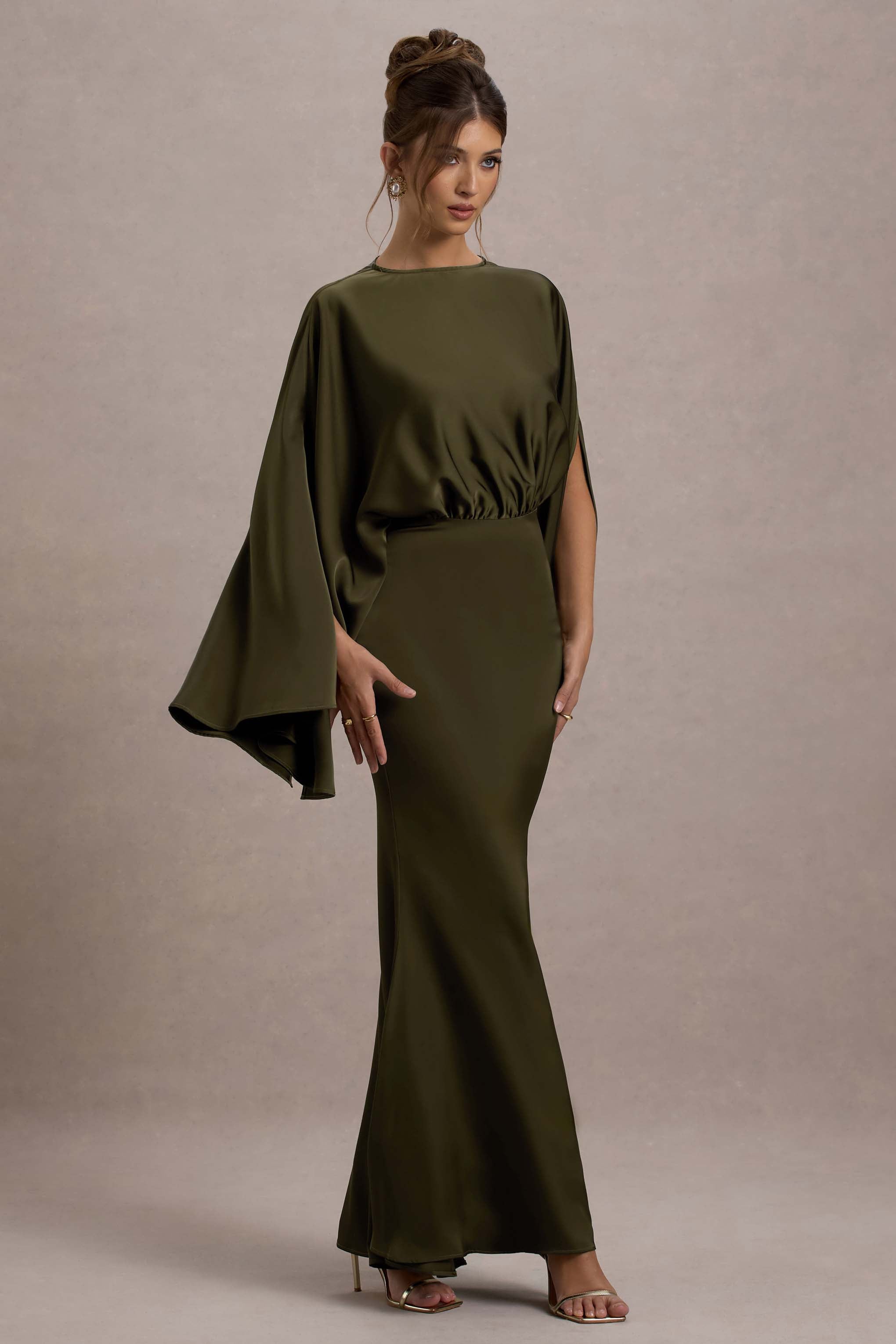 Zuzanna Khaki Draped Maxi Dress With Cape Sleeves