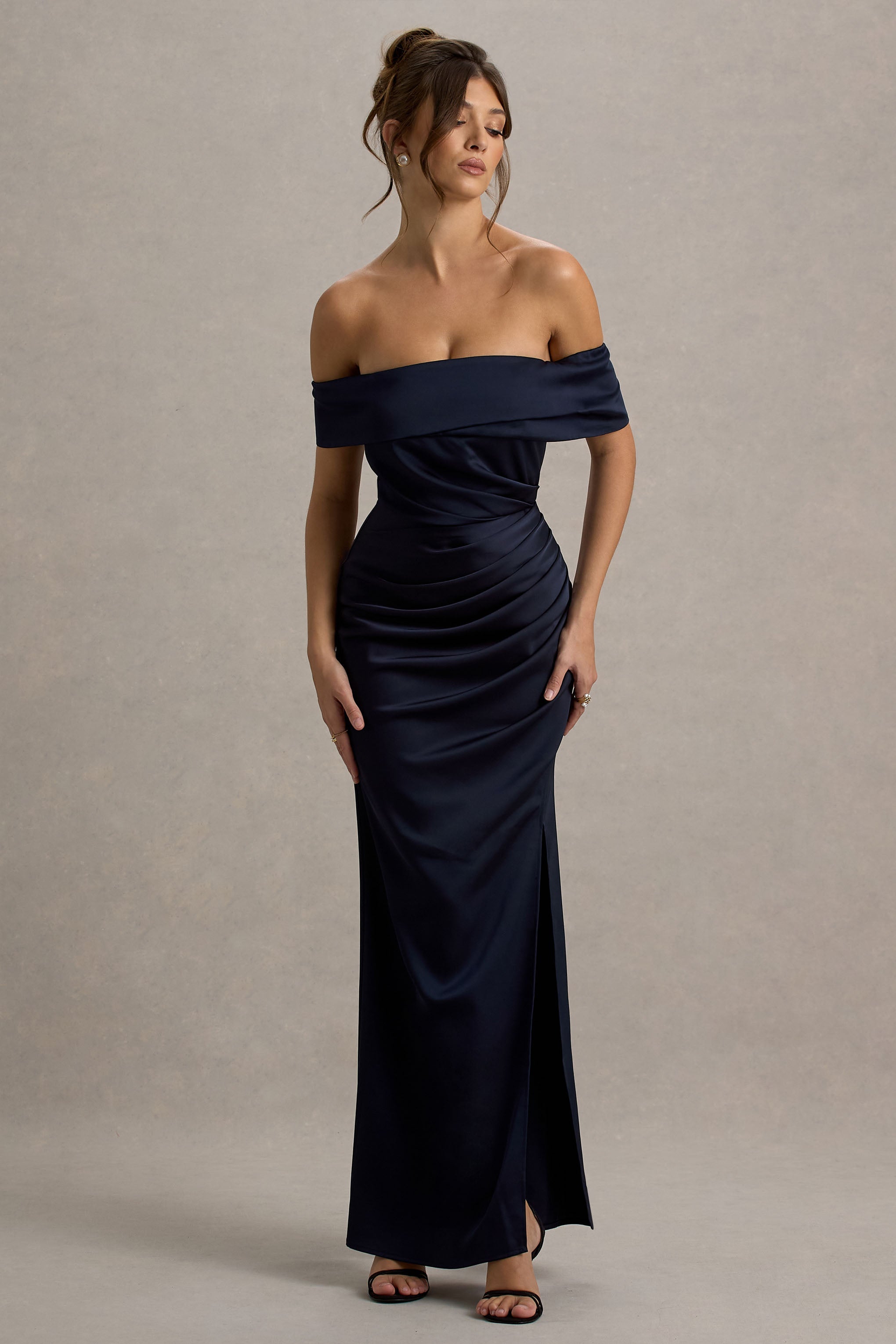 Martine Navy Satin Bardot Wrap Maxi Dress