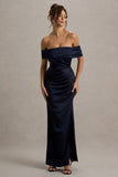 Martine Navy Satin Bardot Wrap Maxi Dress