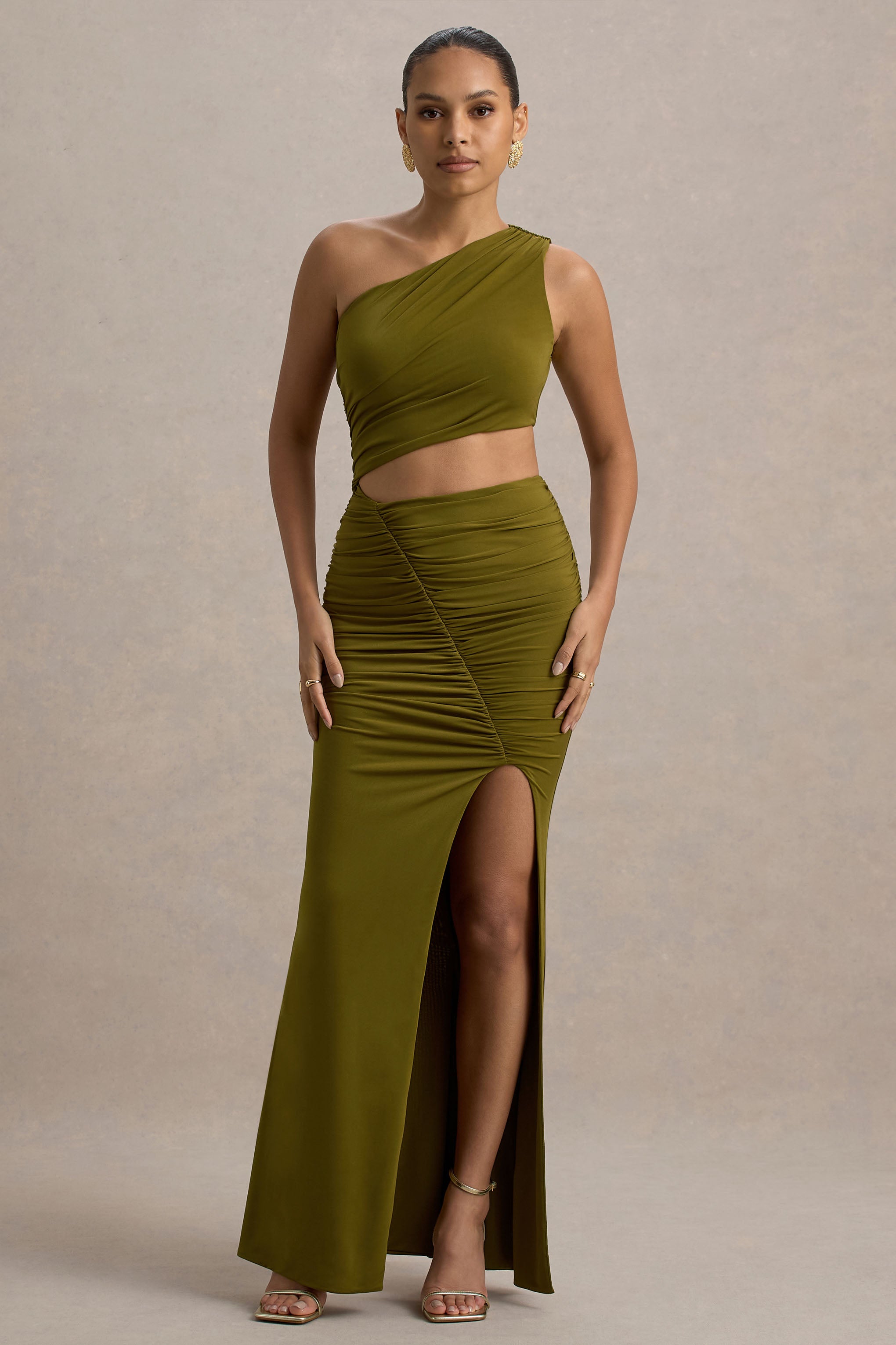 Sena Green Asymmetric Maxi Dress With Cut Out Details