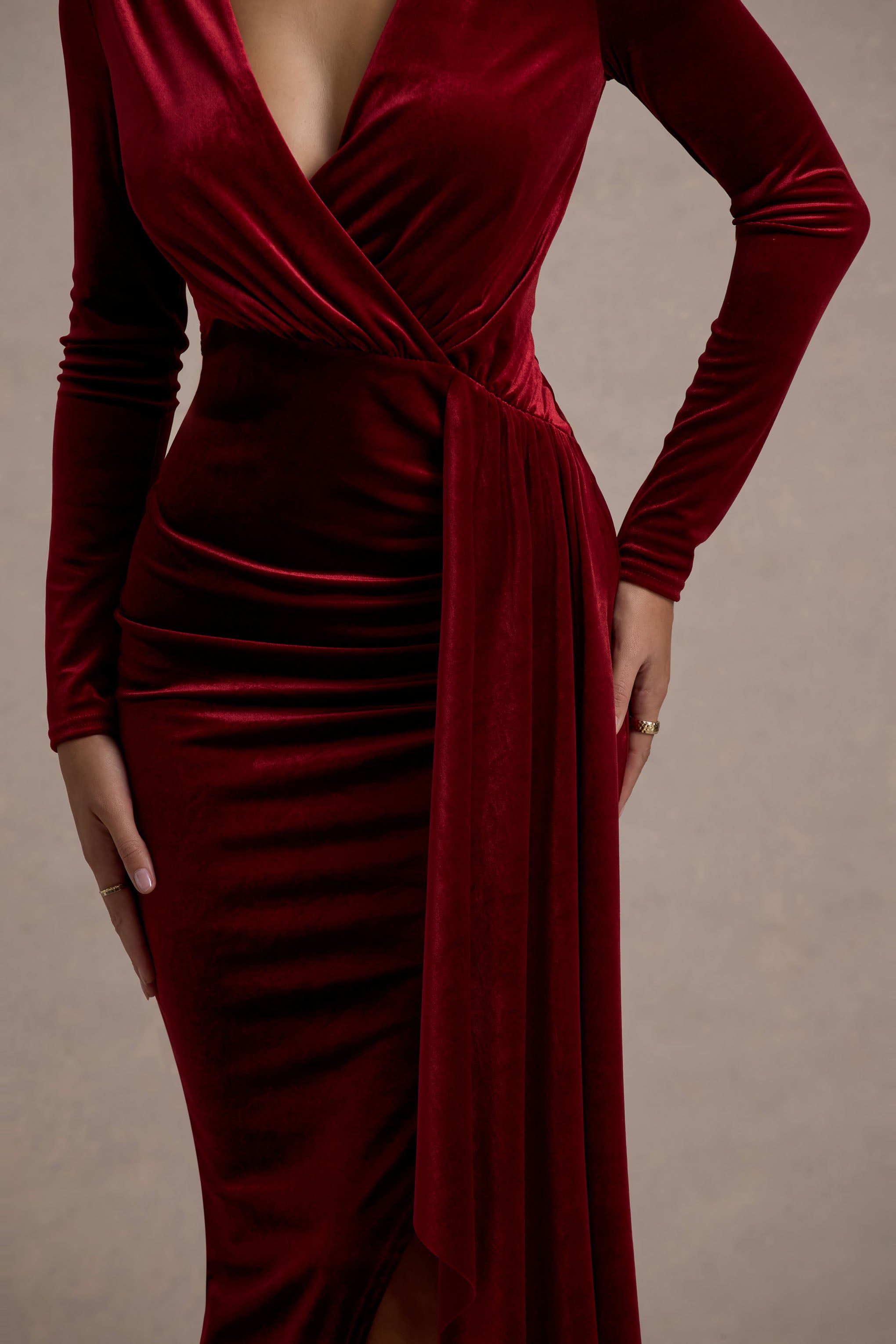 Arcadia Berry Velvet Plunge-Neck Wrap Midi Dress