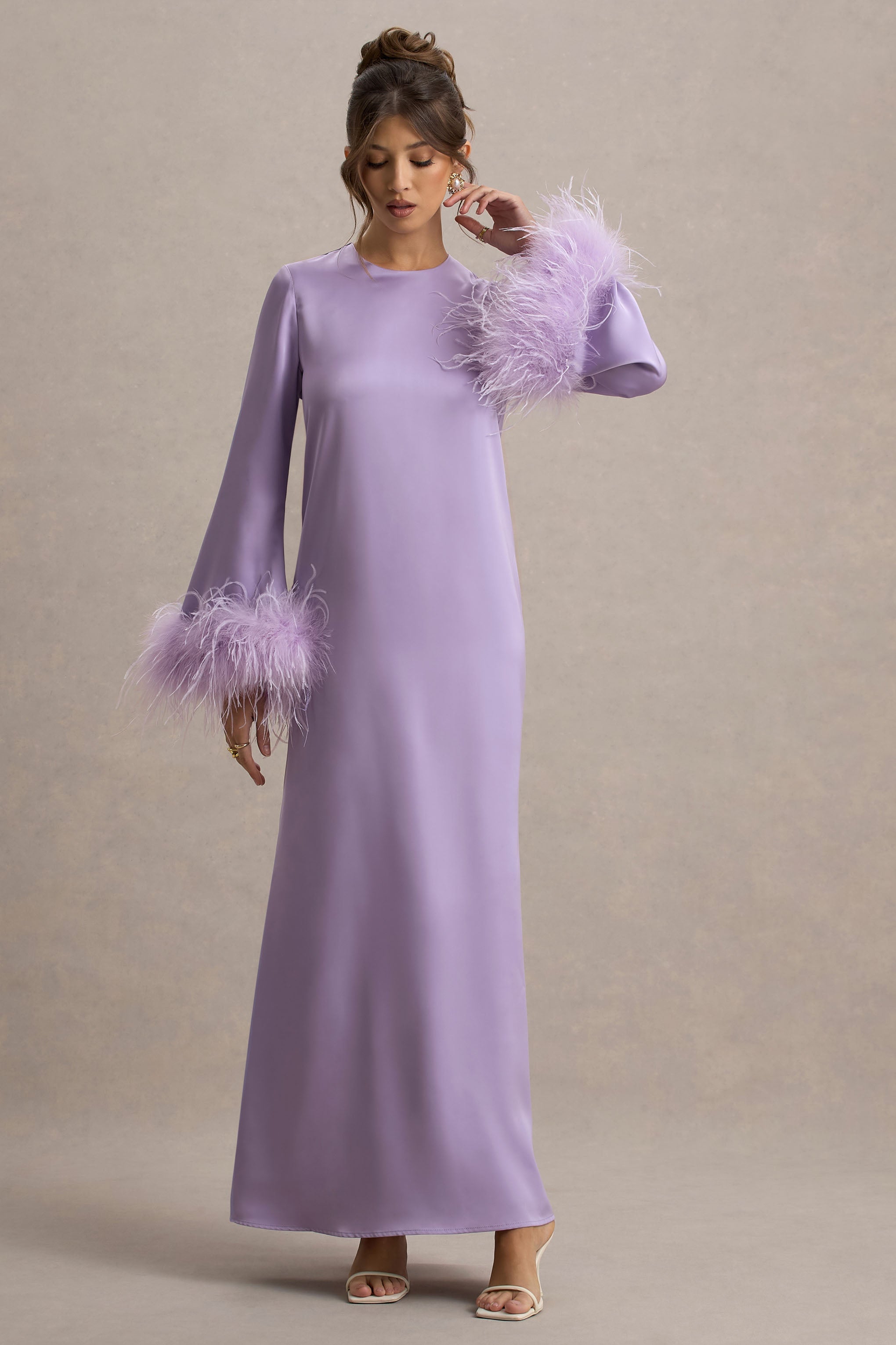 Adella Lilac Satin Feather-Trim Maxi Dress