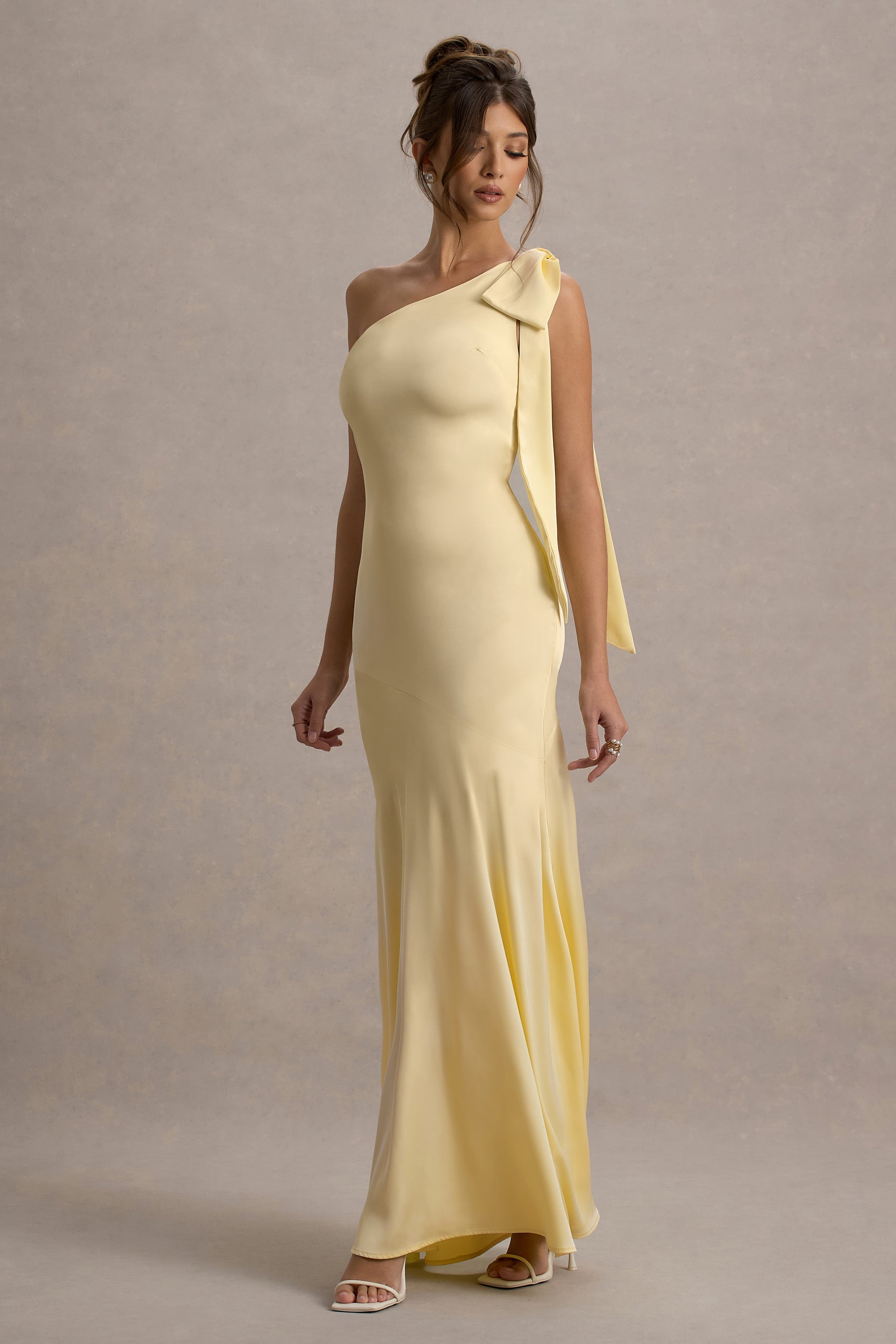 Here For Love Lemon Satin Asymmetric Maxi Dress With Bow